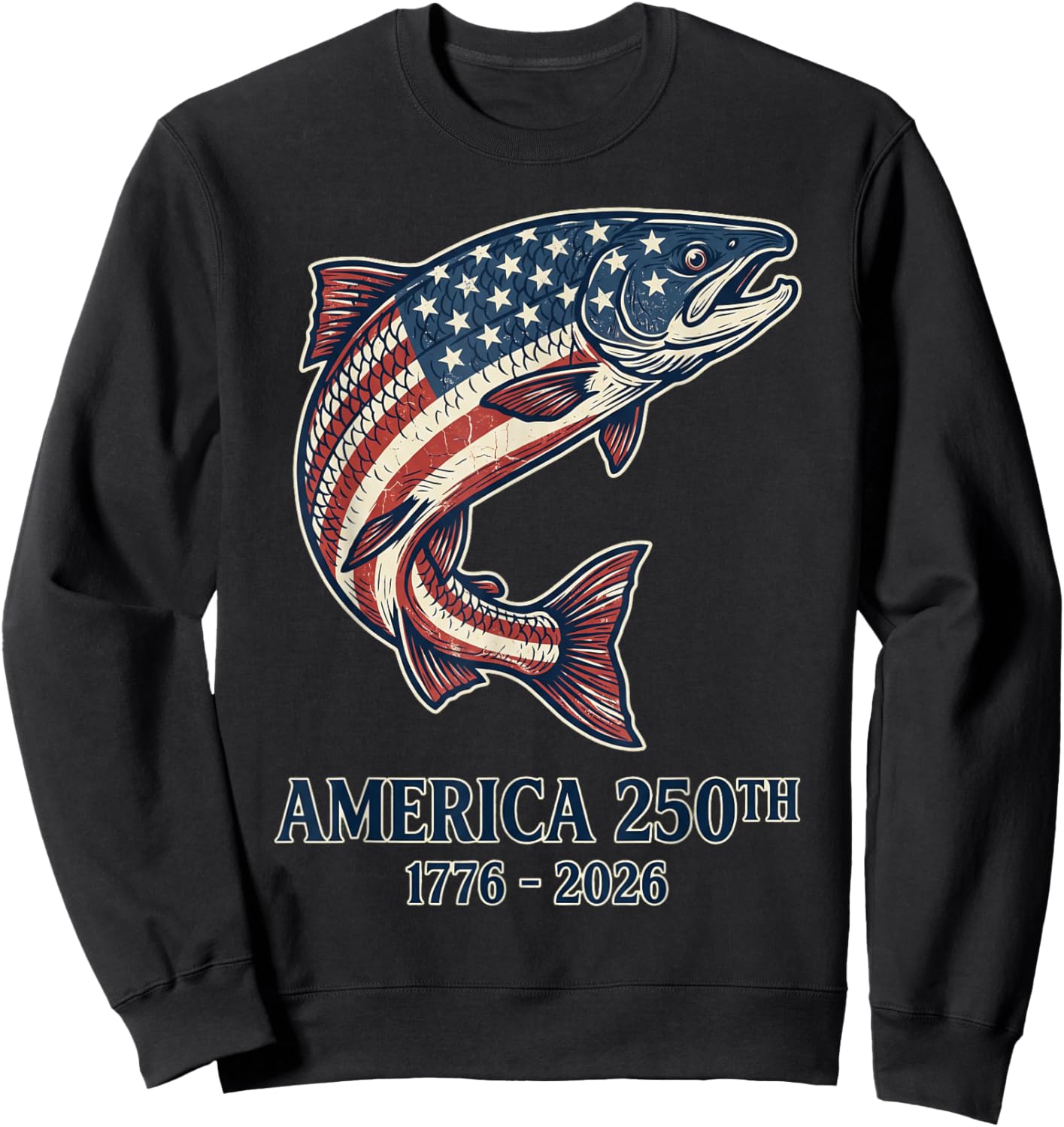 Patriotic Leaping Fish US Flag Salmon Graphic Sweatshirt - Sweatshirt | Black
