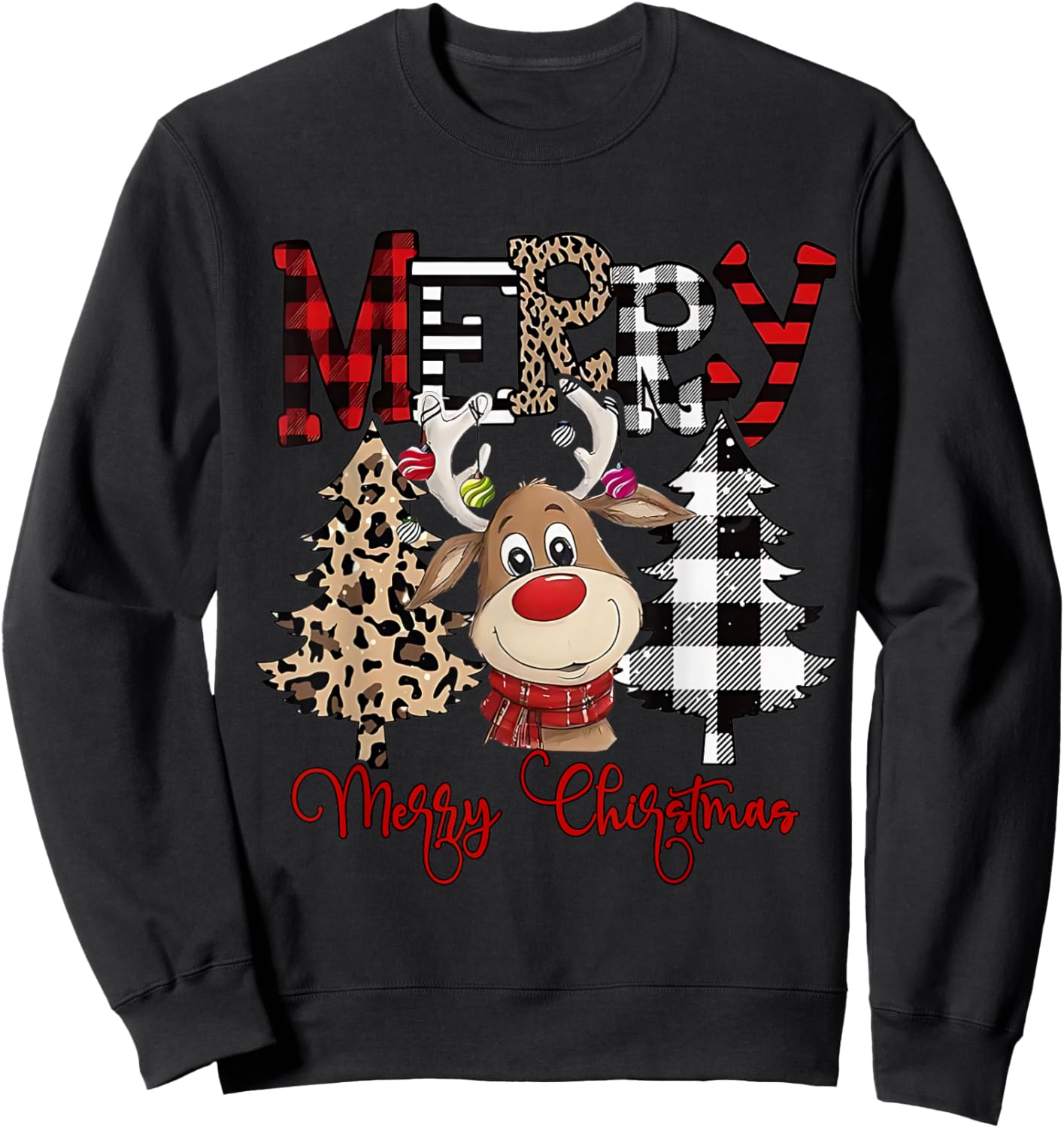 Funny Christmas Cartoon Cute Reindeer Sweatshirt - Sweatshirt | Black