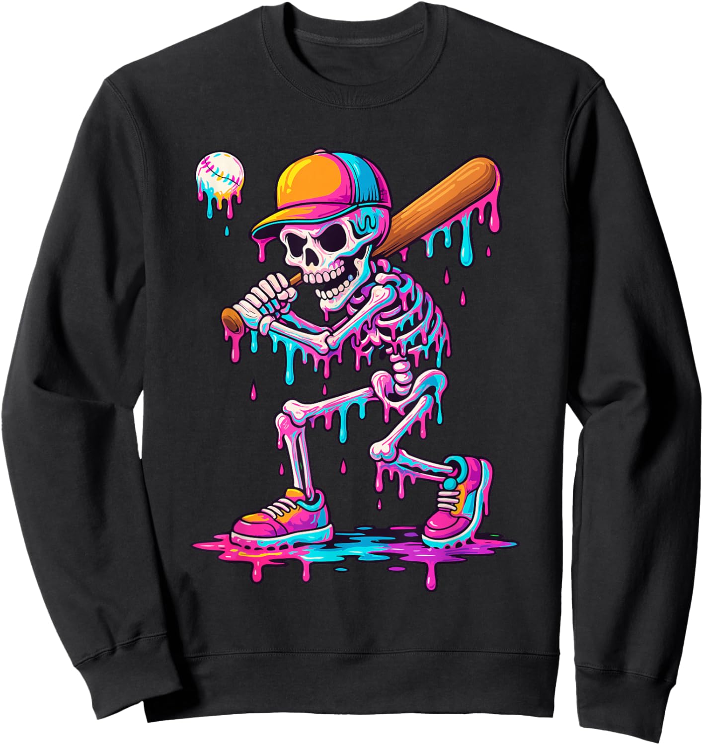 Skelton Playing Baseball Halloween Baseball Drip Boys Kids Sweatshirt - Sweatshirt | Black
