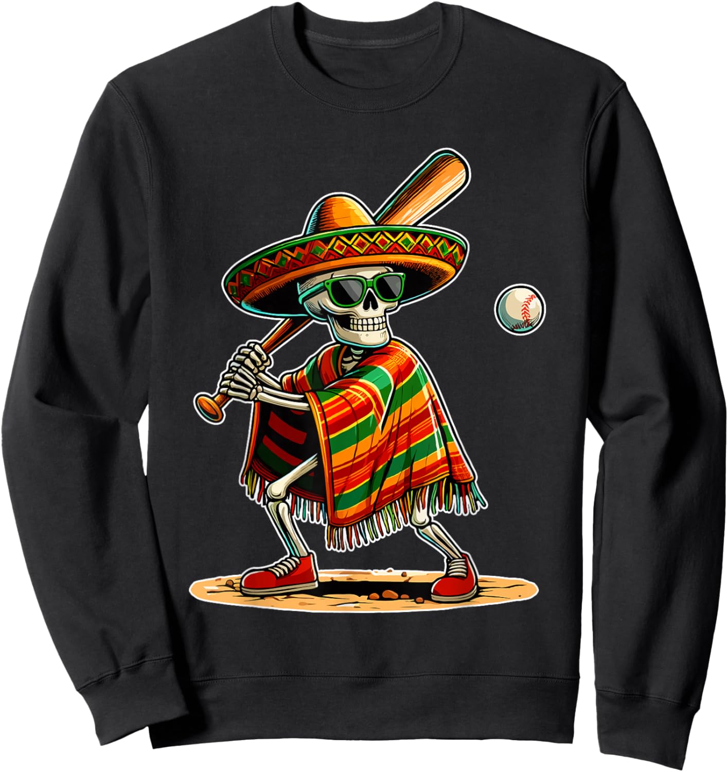 Baseball Skeleton Mexican Sombrero Cinco De Mayo Sweatshirt - Sweatshirt | Black
