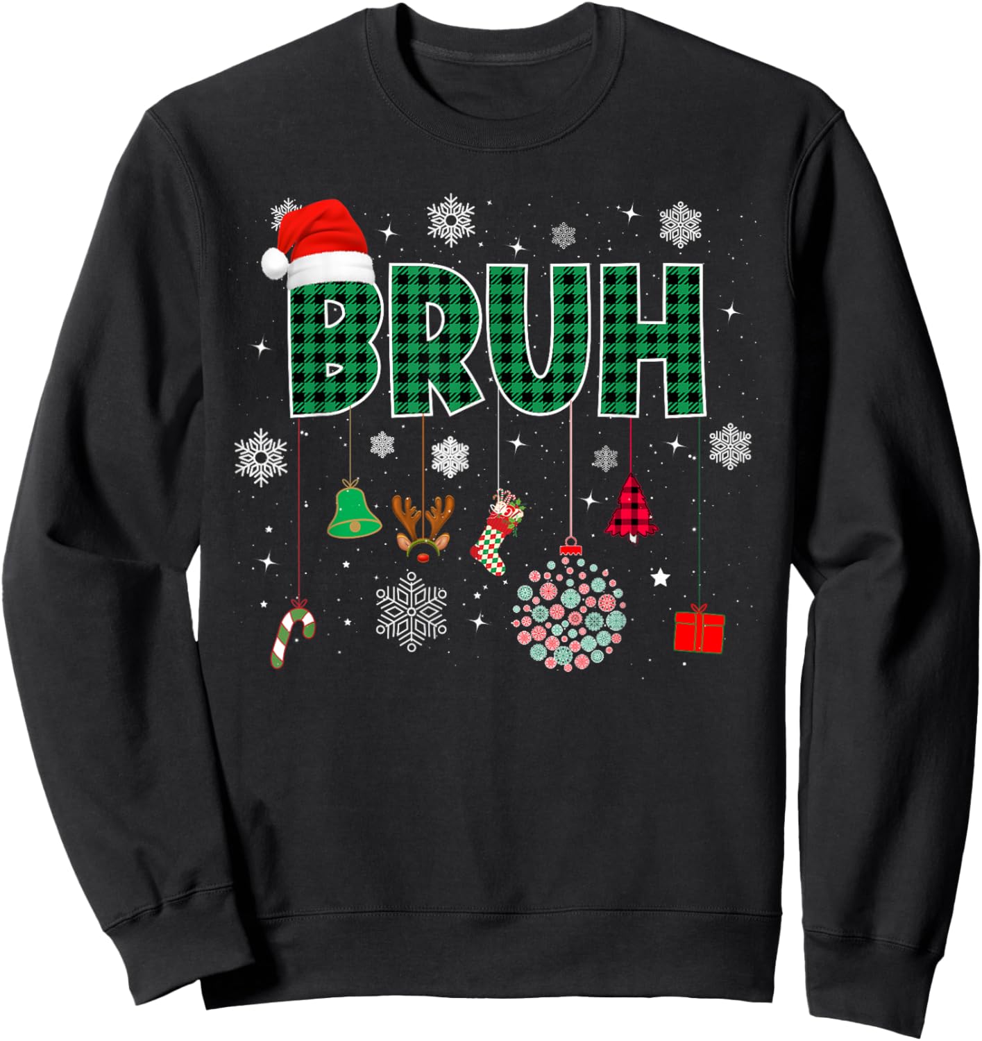Bruh Christmas Green Plaid Boys Kids Girls Xmas Pajamas Sweatshirt - Sweatshirt | Black