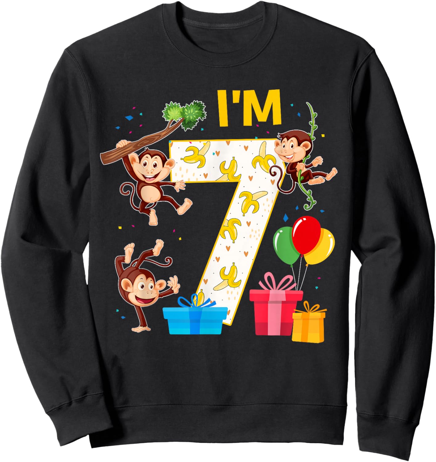 7 Year Old Birthday Monkey Lover 7th Monkey Theme Party Sweatshirt - Sweatshirt | Black
