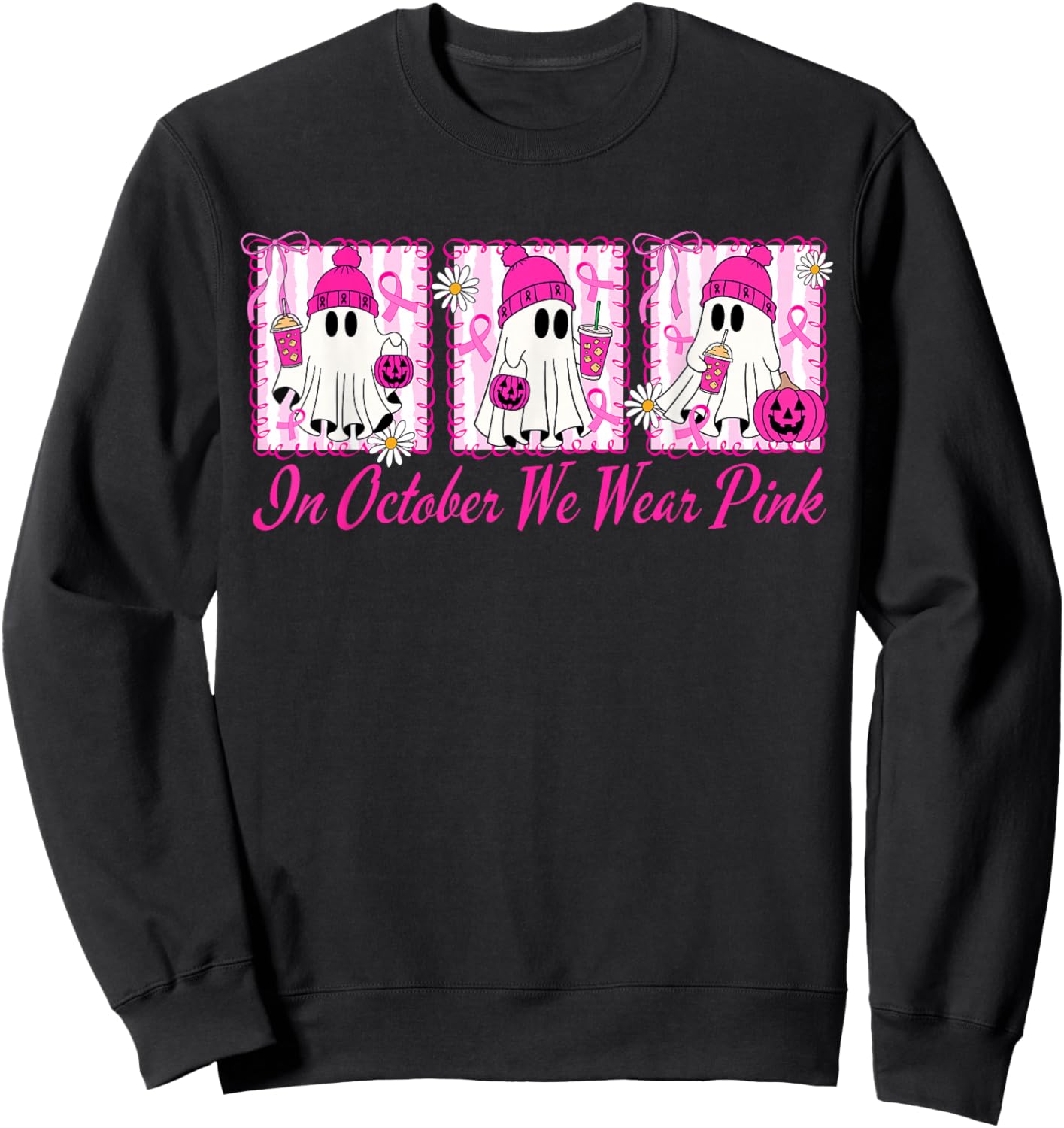 We Wear Pink in October Cute Ghost Breast Cancer Awareness Sweatshirt - Sweatshirt | Black