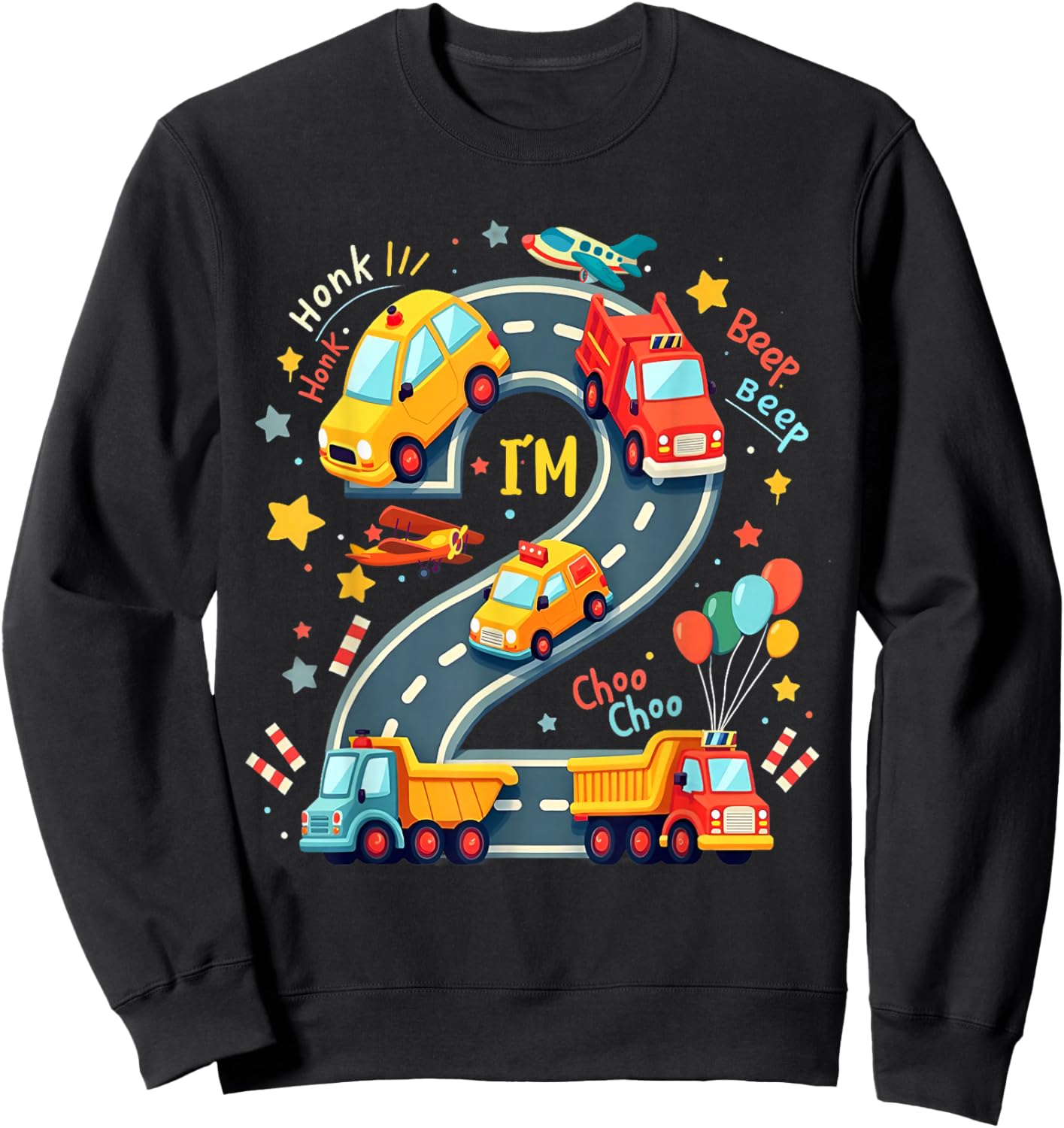 2 Year Old Birthday Boy Party Truck Car Transportation Kids Sweatshirt - Sweatshirt | Black