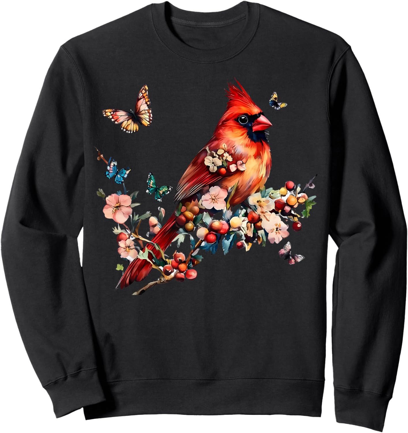 Vintage Red Cardinal Floral Butterfly Bird Animal Lovers Sweatshirt - Sweatshirt | Black