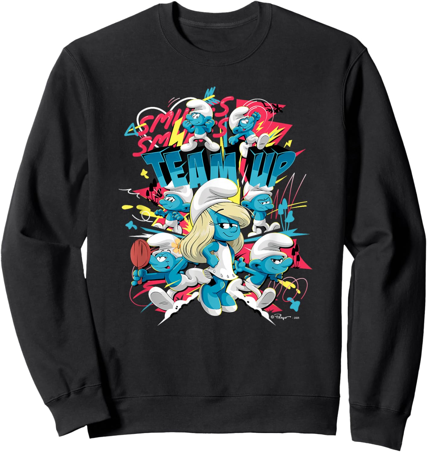 The Smurfs Movie Village Team Up Retro Cartoon Sweatshirt - Sweatshirt | Black