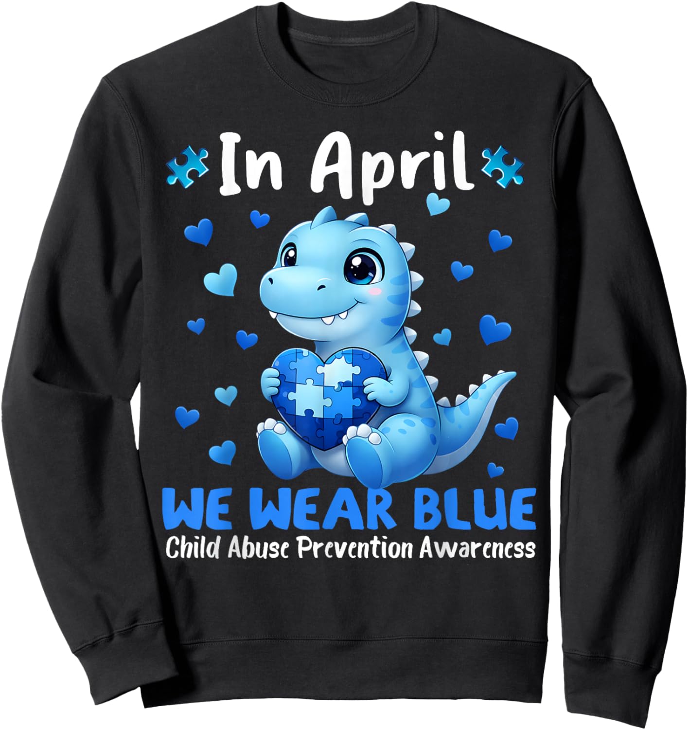 April We Wear Blue Puzzle Dinosaur Child Abuse Prevention Sweatshirt - Sweatshirt | Black