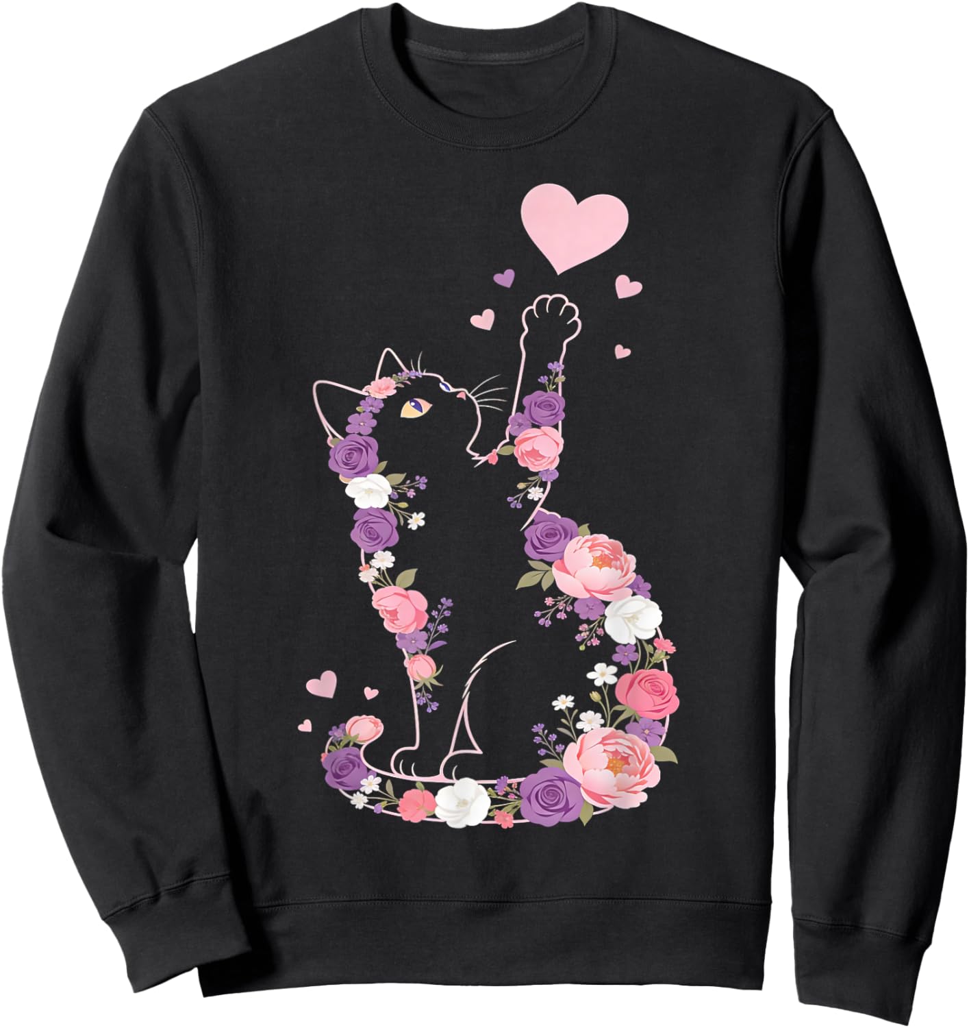 Cute Flower Cat Owners Artwork with Hearts and Roses Sweatshirt - Sweatshirt | Black