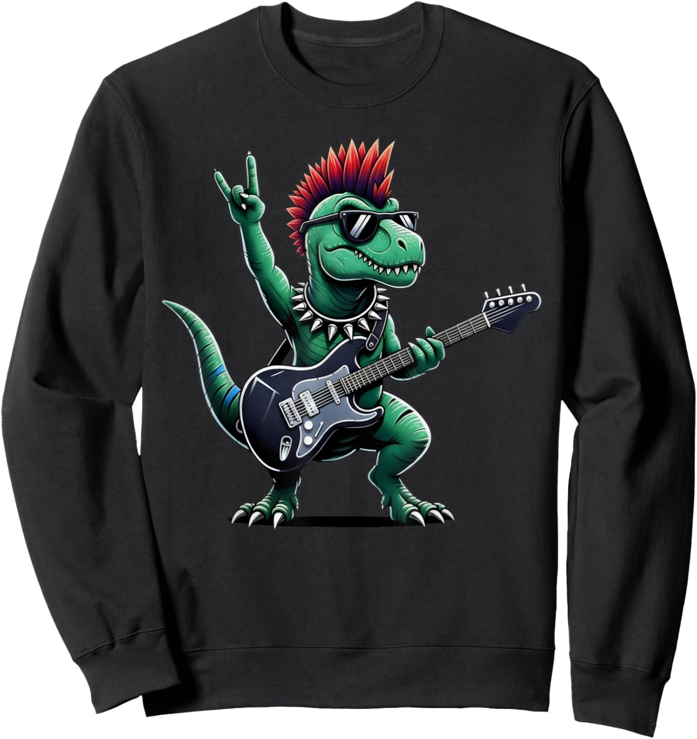 Cute Dinosaur Rock'n Roll Goth Dino Band Rock Star Guitarist Sweatshirt - Sweatshirt | Black