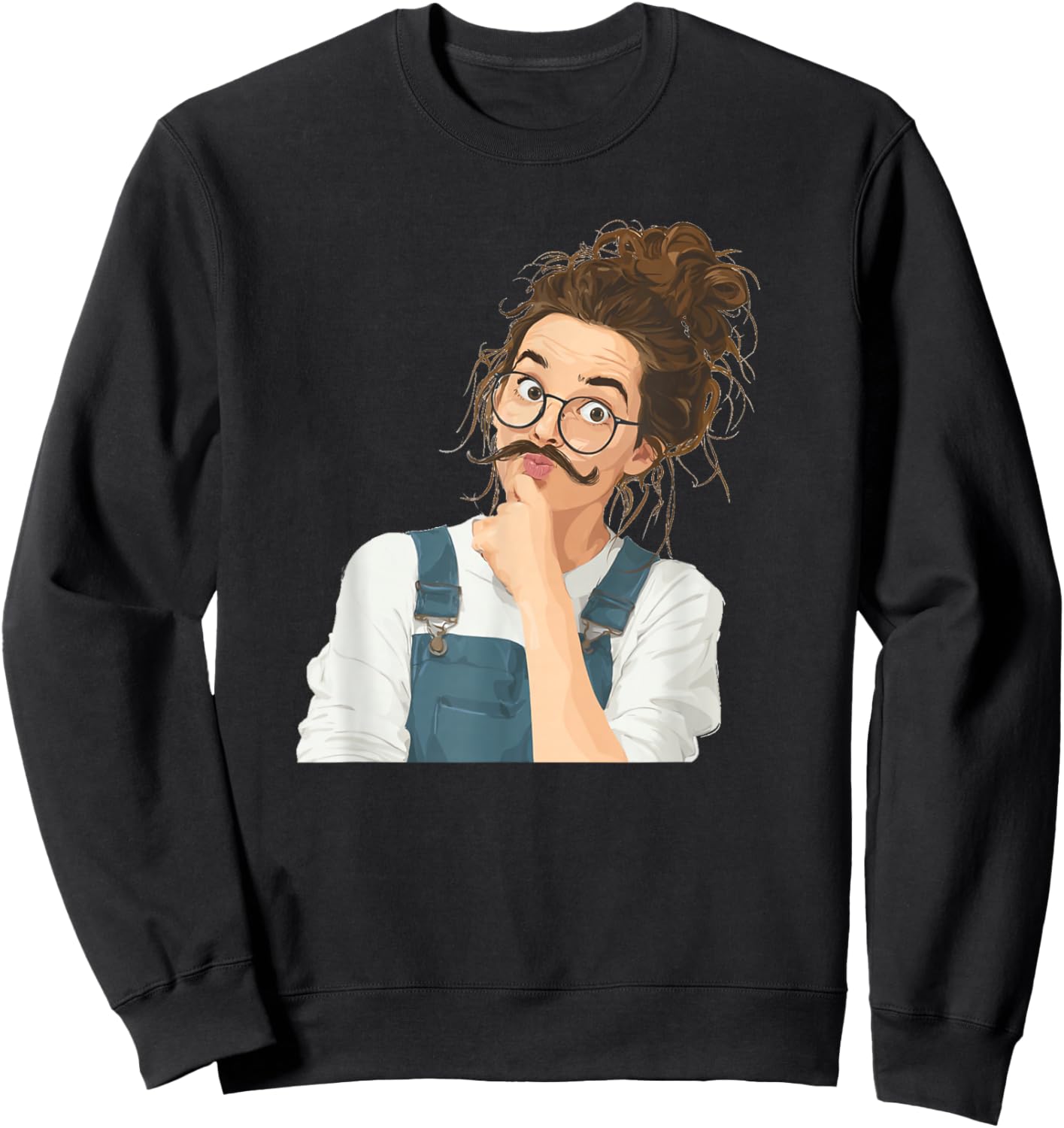 Funny Draft Art Girl with Mustache Beard Sweatshirt - Sweatshirt | Black