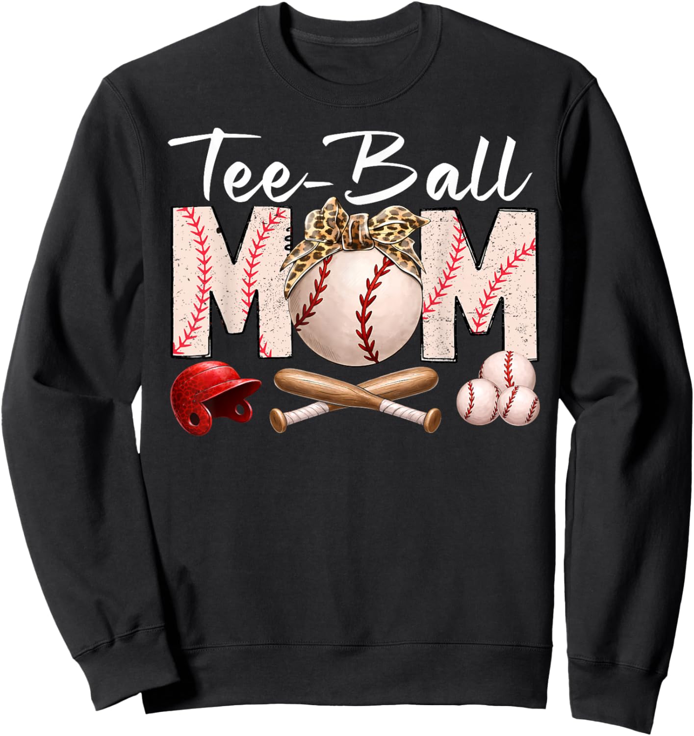 Ball Mom Funny TBall Leopard Print Bow Mother's Day Sweatshirt - Sweatshirt | Black