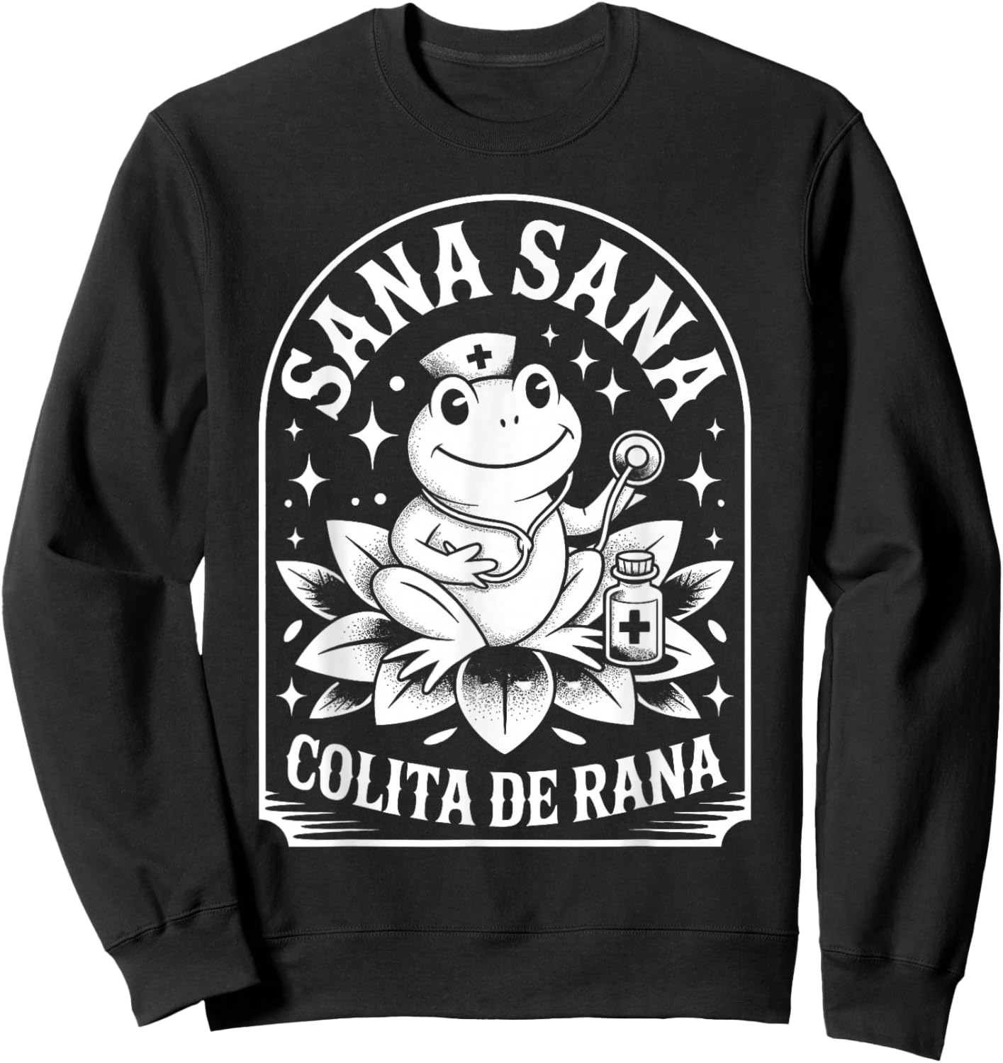 Sana Sana Colita De Rana Nurse Frog Lotus Medicine Bottle Sweatshirt - Sweatshirt | Black