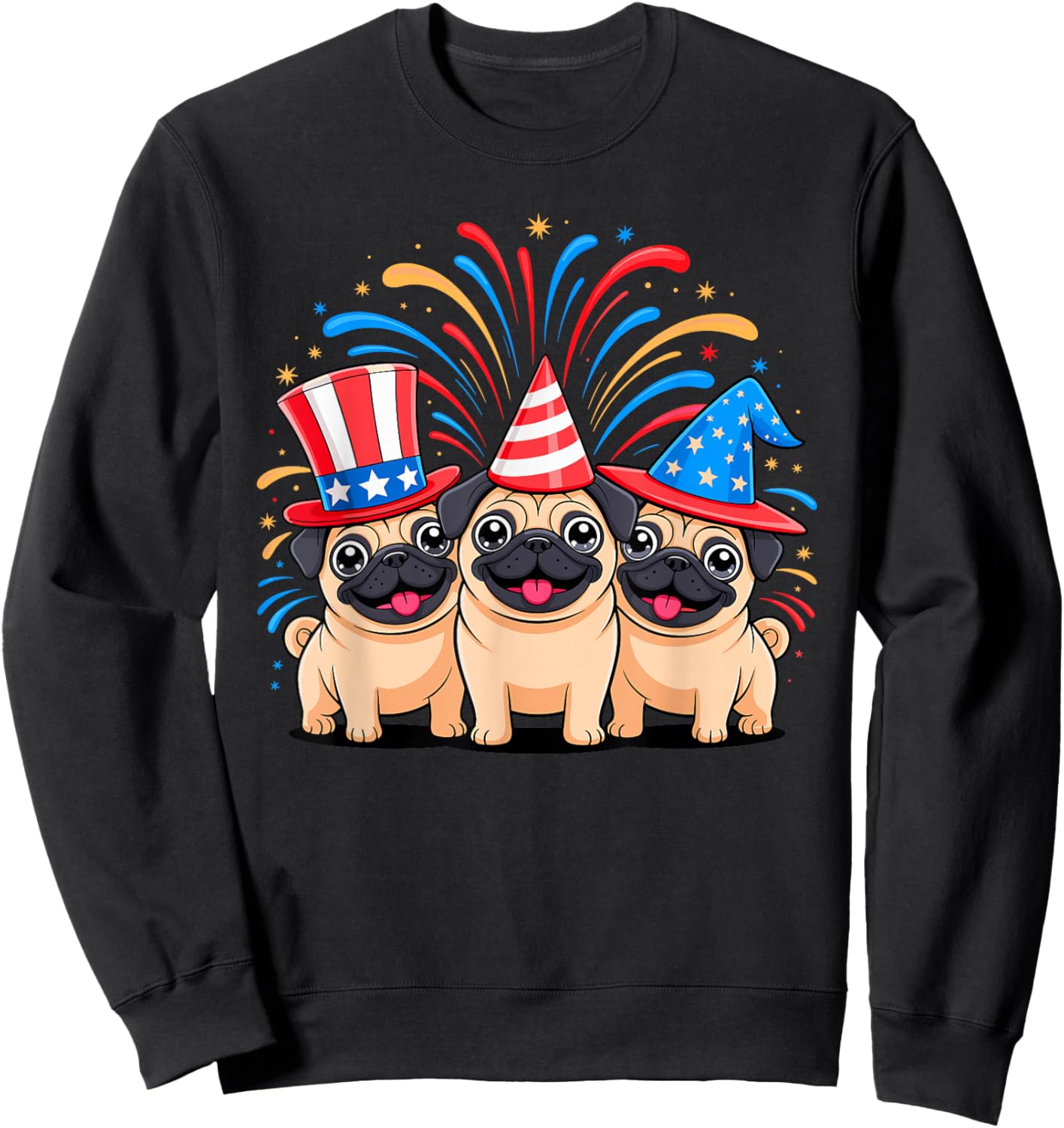 Fourth of July Three Patriotic Pug Puppies Sweatshirt - Sweatshirt | Black