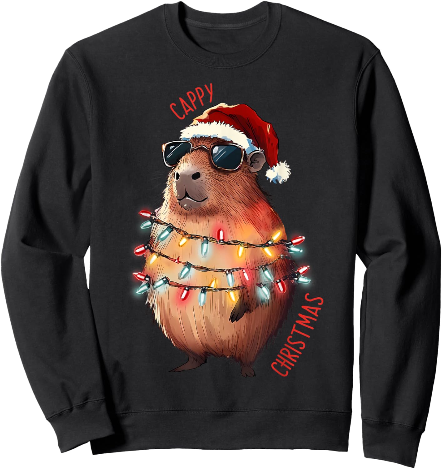 Cute Capybara Christmas Lights With sunglass Animal Lover Sweatshirt - Sweatshirt | Black