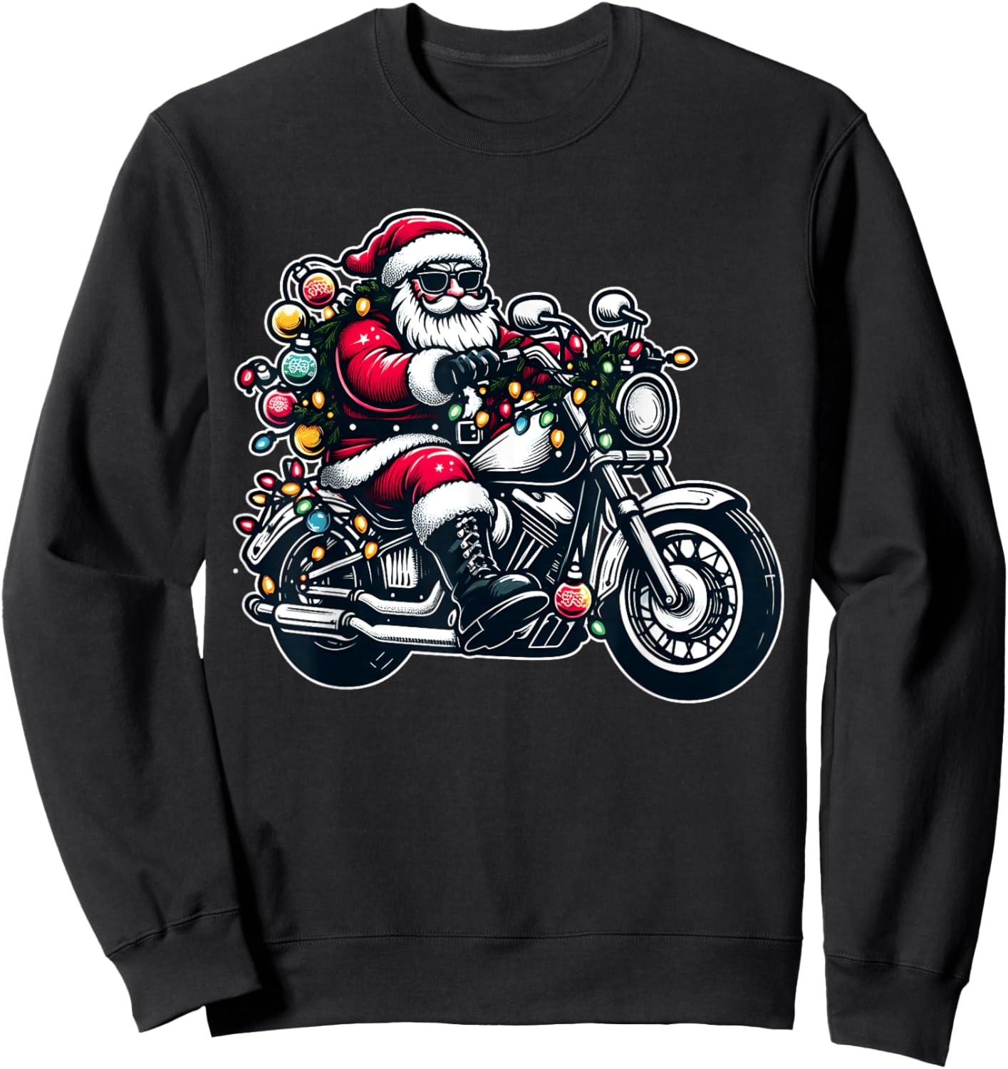 Santa Claus on Motorcycle Funny Biker Christmas Xmas Lights Sweatshirt - Sweatshirt | Black