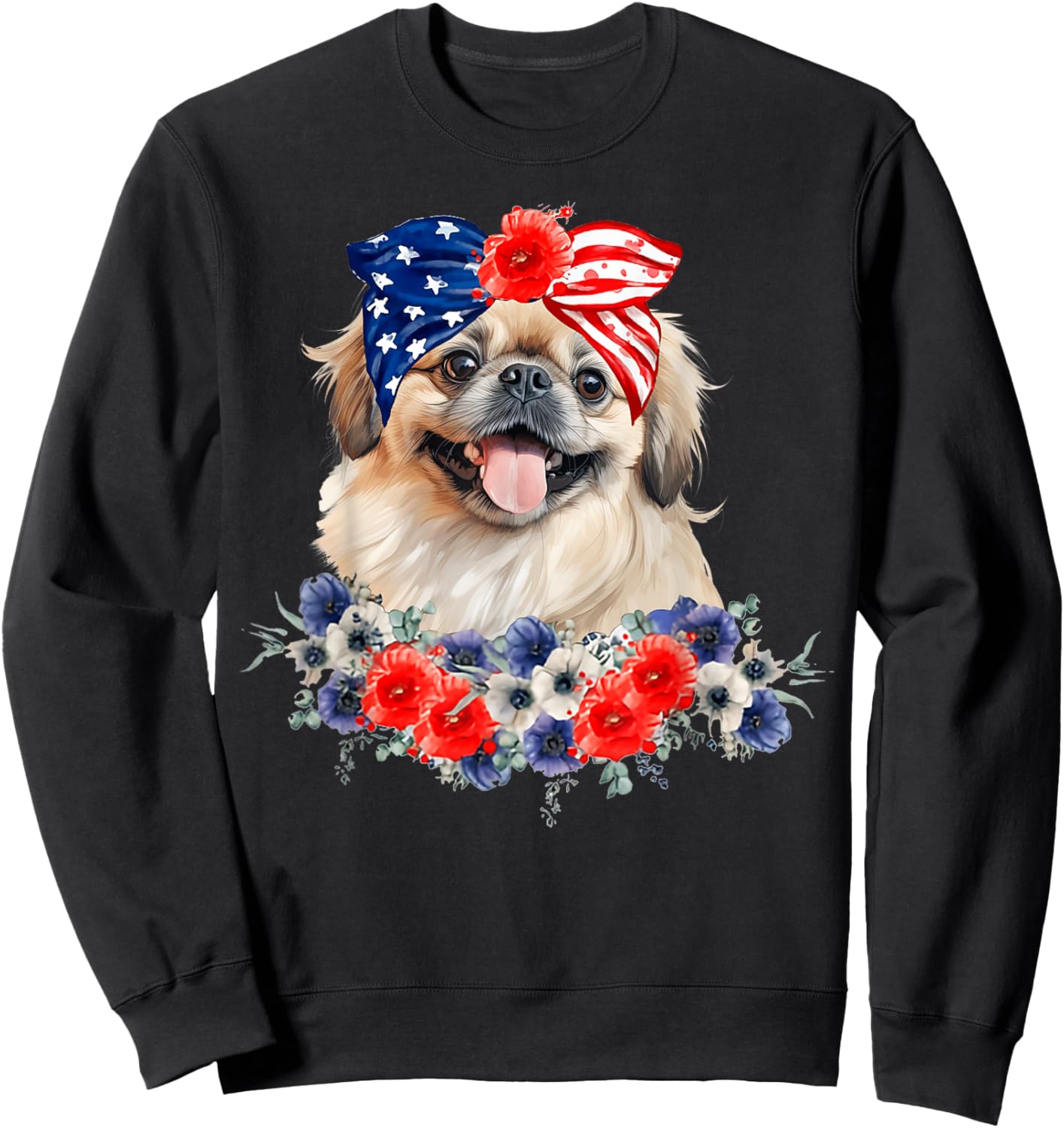 Pekingese Dog Bandana American Flag 4th Of July Women Kids Men Sweatshirt - Sweatshirt | Black