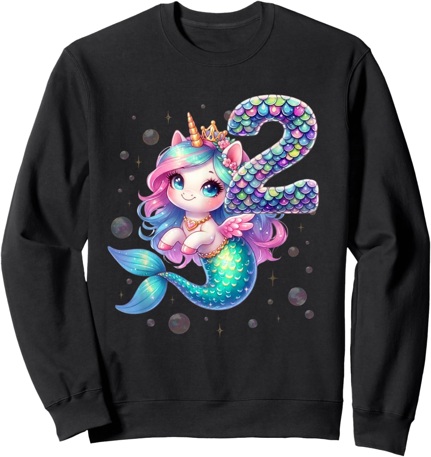 Unicorn Mermaid 2nd Birthday 2 Year Old Party Girls Outfit Sweatshirt - Sweatshirt | Black