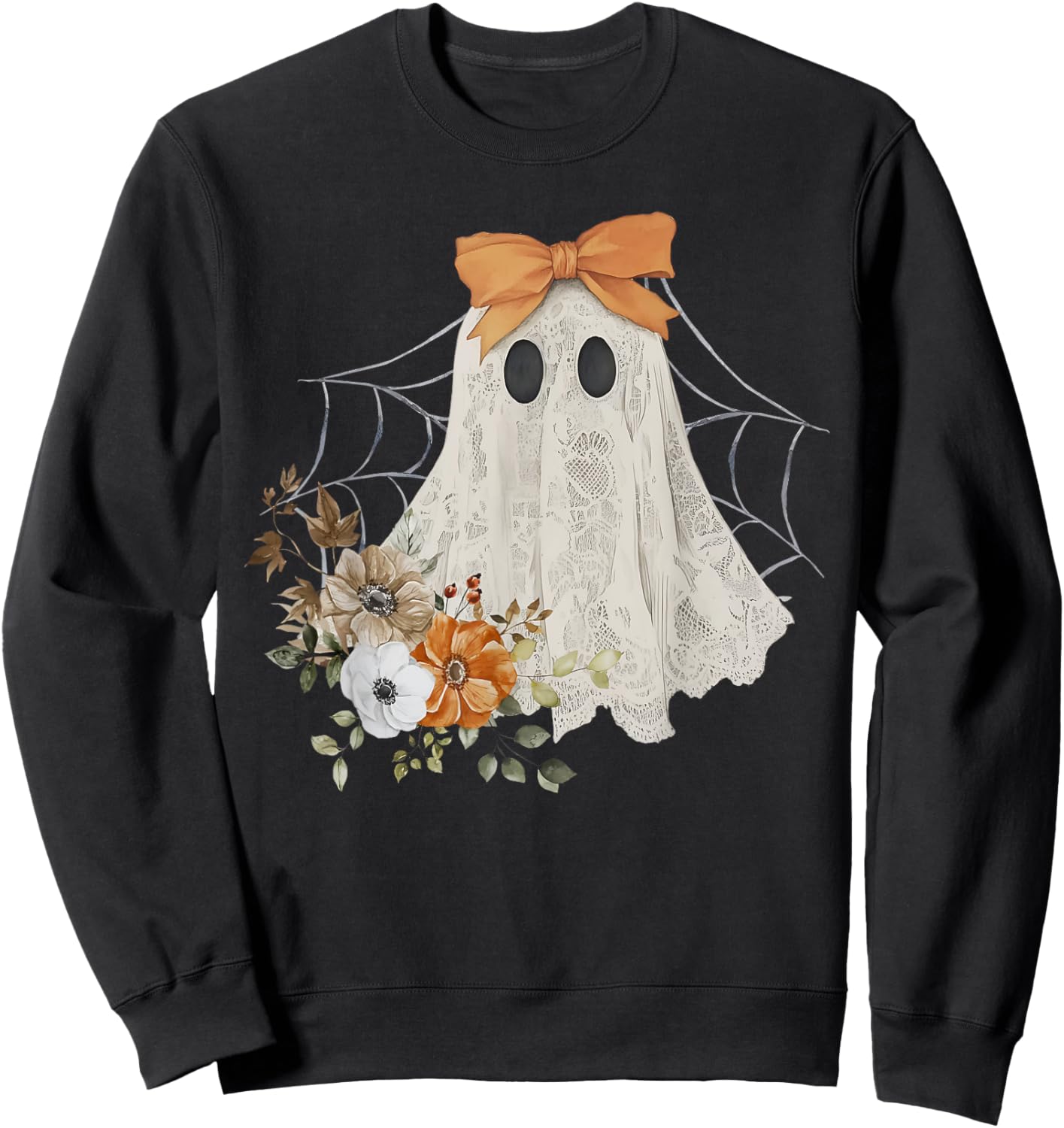 Coquette Ghost Halloween Flower Ghost Spooky Lace Ghost Sweatshirt - Sweatshirt | Black