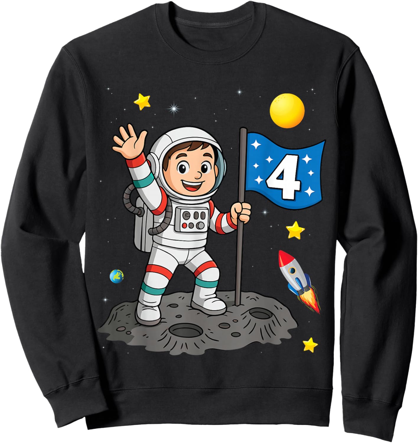 Four 4yr 4th Boys Girls Astronaut Space Birthday 4 Years Old Sweatshirt - Sweatshirt | Black