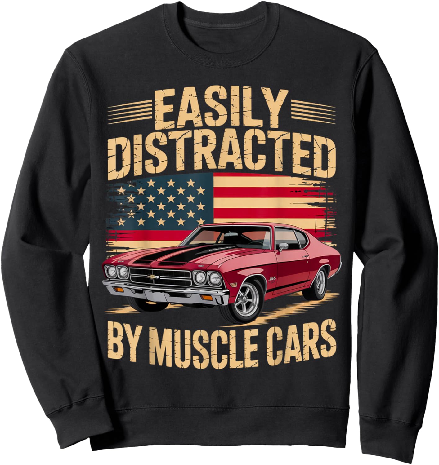 Easily Distracted by Muscle Cars Retro Red Classic car Vibe Sweatshirt - Sweatshirt | Black