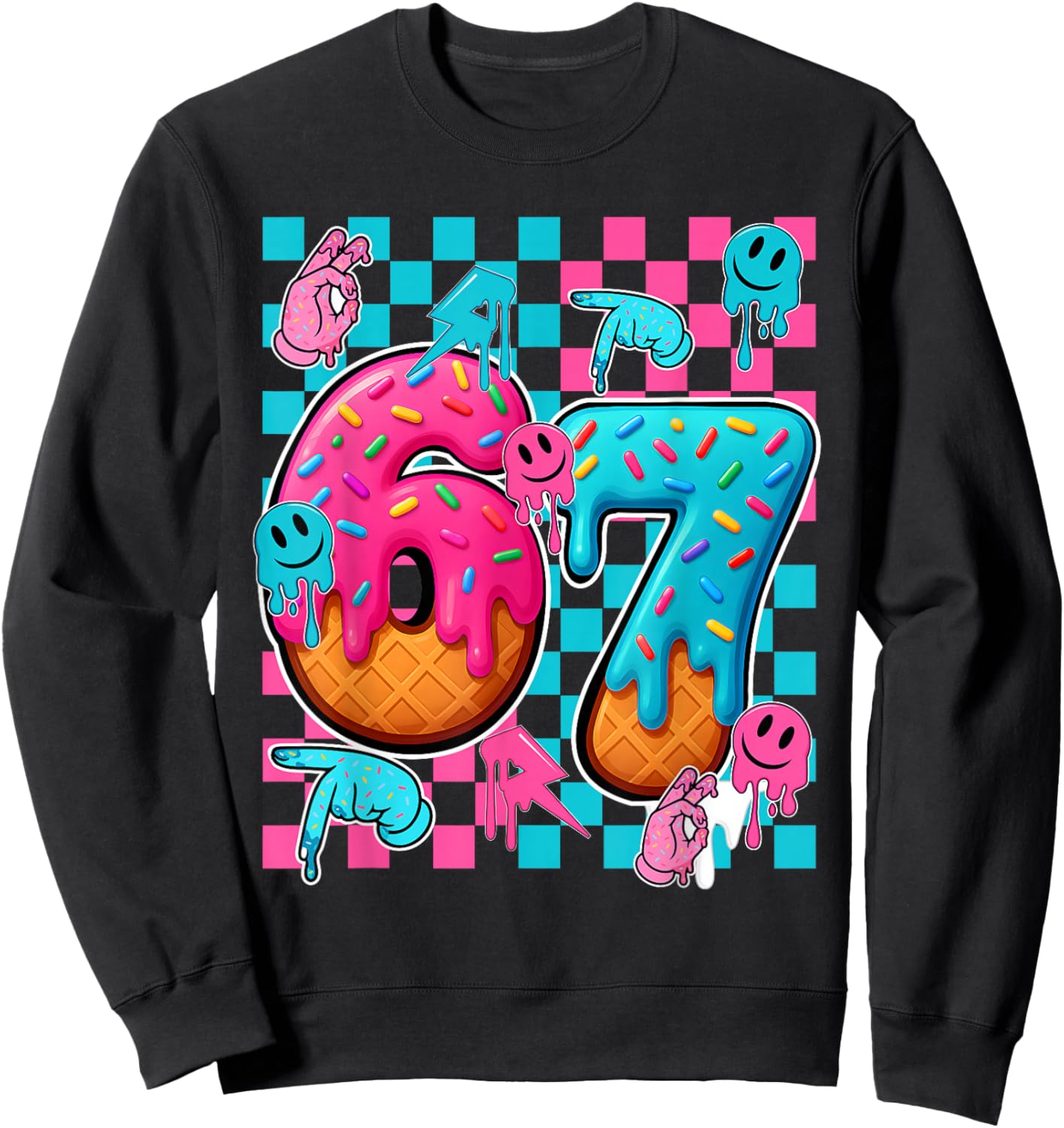 67 Ice Cream Drip Checkered Number 67 Player 67th Birthday Sweatshirt - Sweatshirt | Black