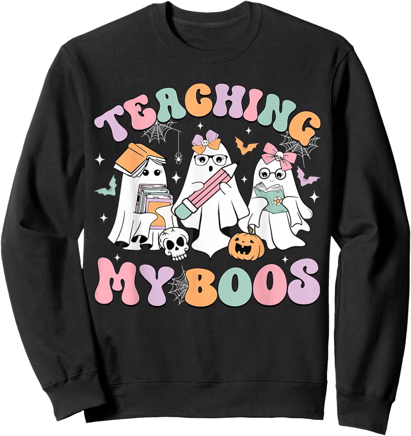 Teaching My Boos Cute Book Ghost Groovy Teacher Halloween Women Kids Sweatshirt - Sweatshirt | Black