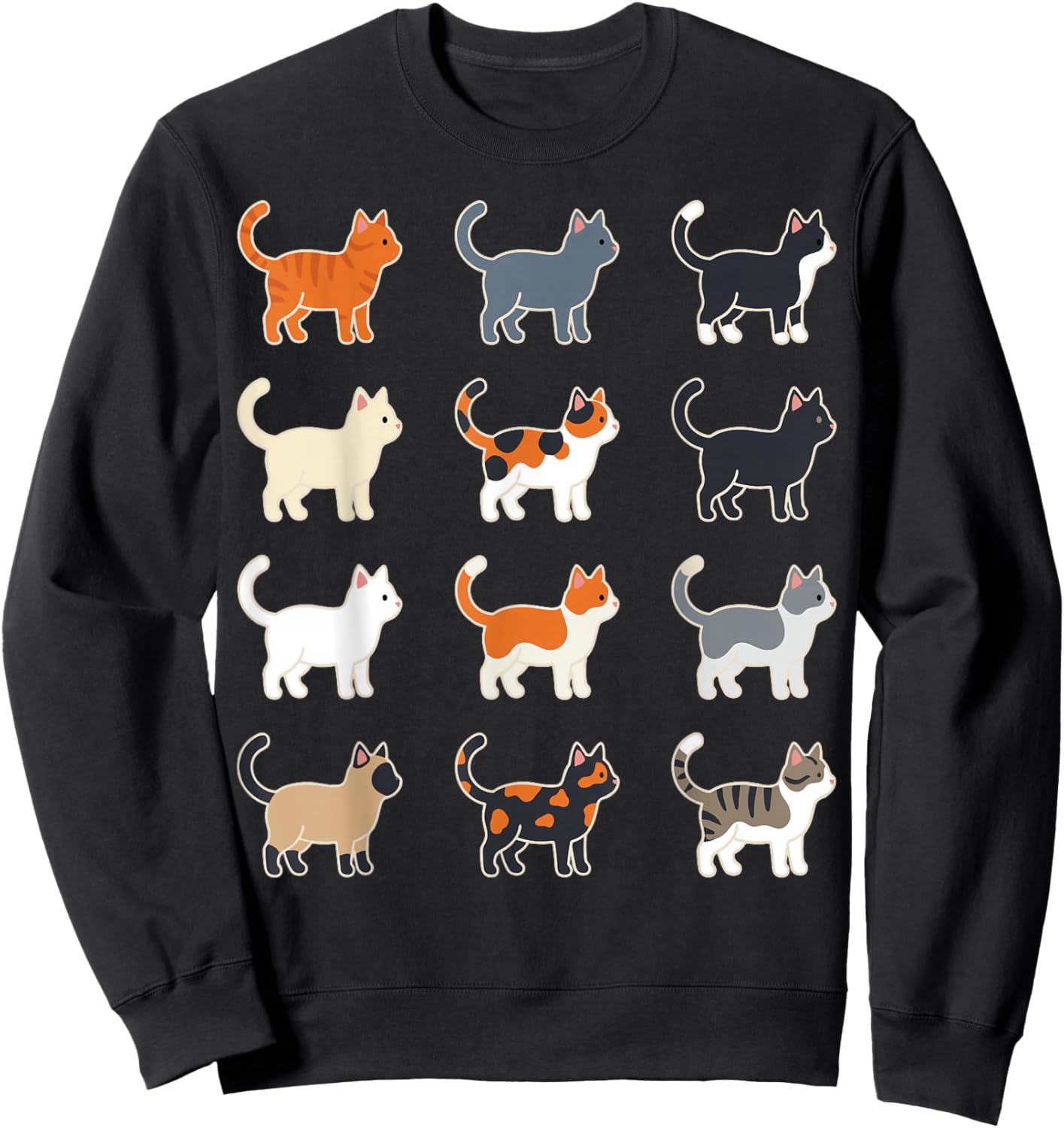 Cute Cat Illustration Grid Pattern Sweatshirt - Sweatshirt | Black