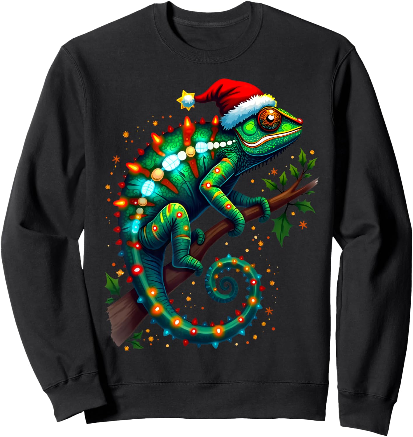Chameleon Santa Hat Lights Christmas Cute Xmas Pajama Sweatshirt - Sweatshirt | Black