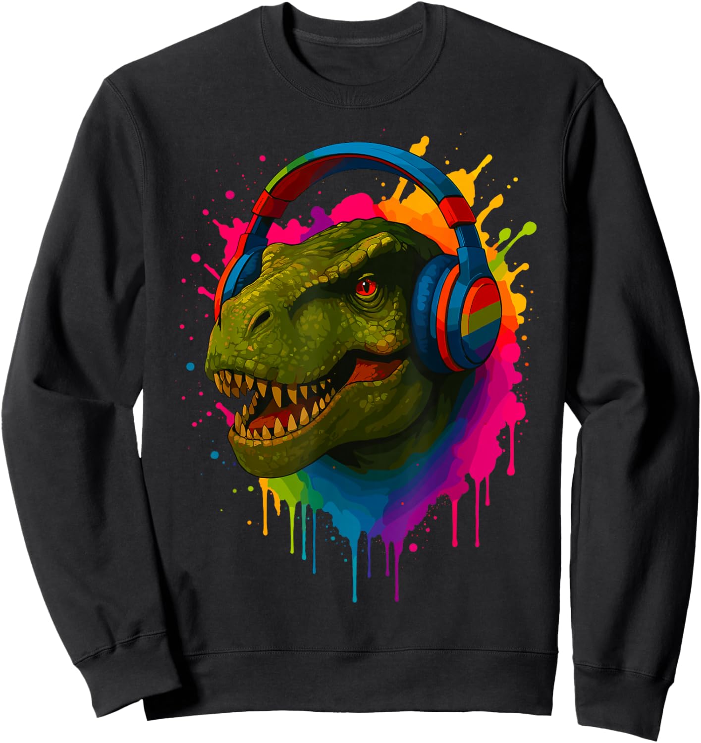 T-Rex with Music Headphones Sweatshirt - Sweatshirt | Black