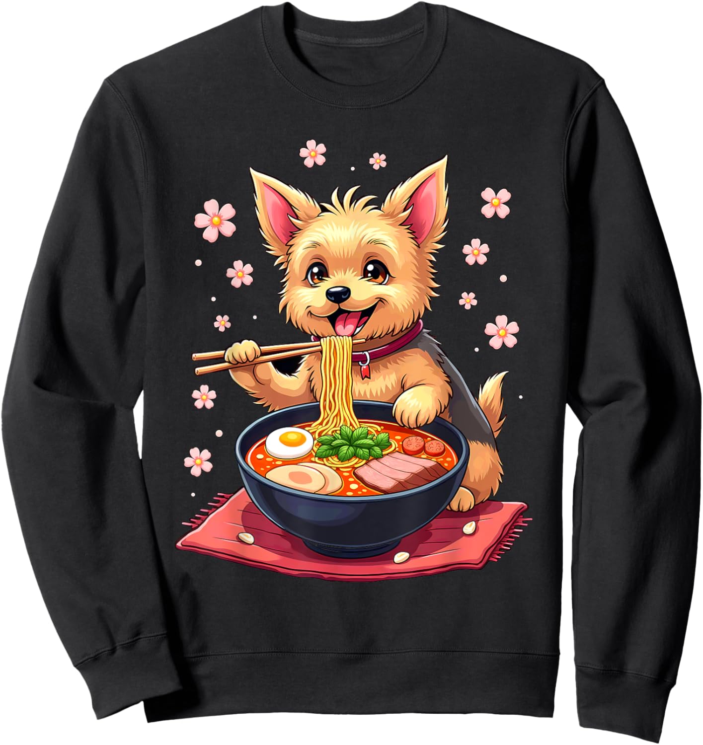 Japanese Kawaii Yorkie Dog Eating Ramen Sweatshirt - Sweatshirt | Black
