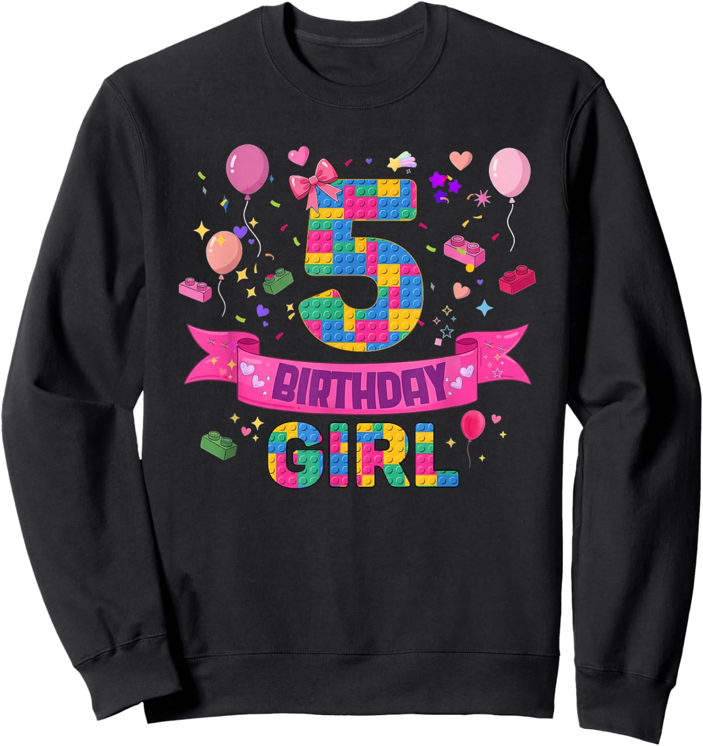 6th Birthday Girl 5 Year Old Kids Building Blocks Party Sweatshirt - Sweatshirt | Black
