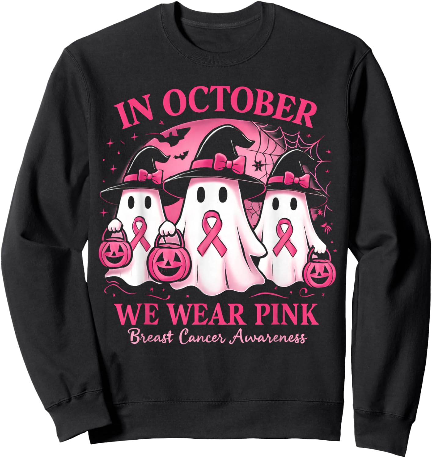 in October We Wear Pink Ghost Halloween Women Breast Cancer Sweatshirt - Sweatshirt | Black