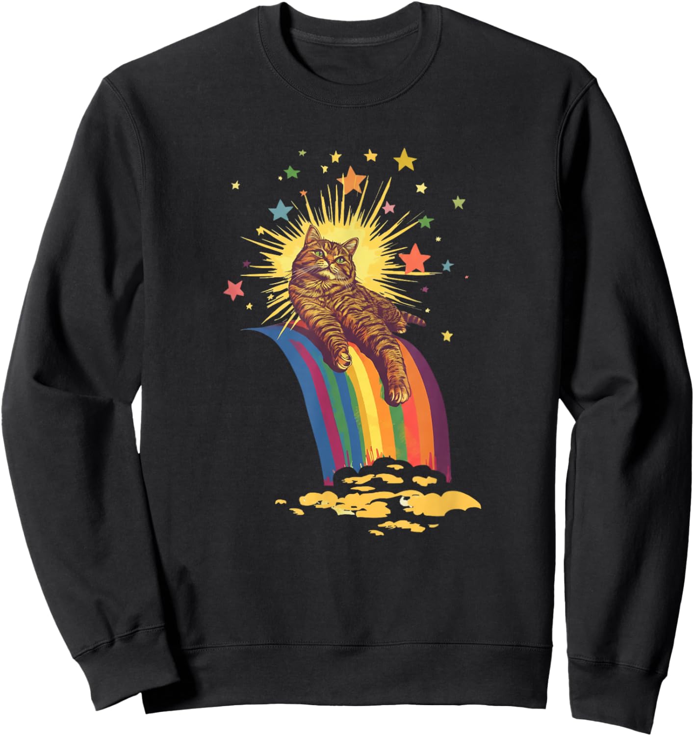 Retro Vintage Relaxed Tabby Cat Lounging On A Rainbow Sweatshirt - Sweatshirt | Black