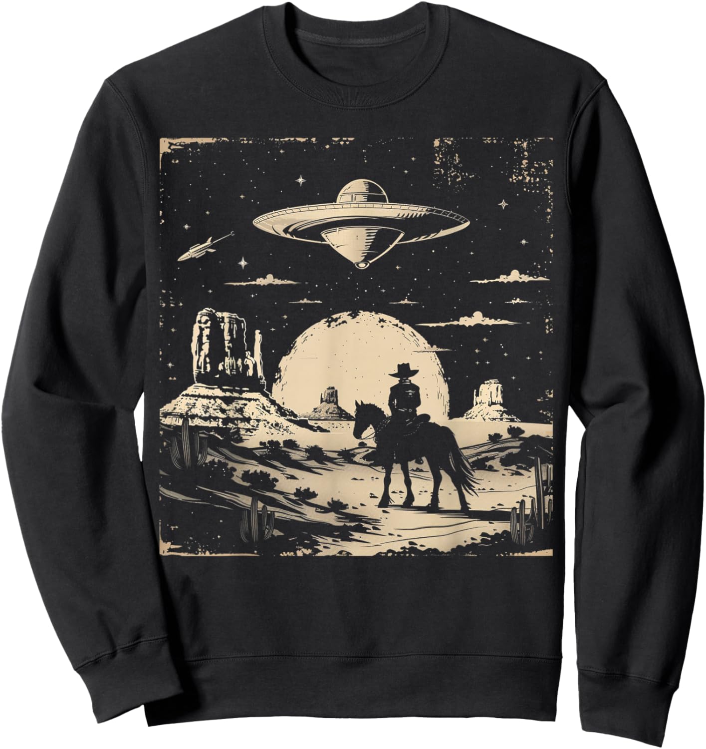 Vintage Western Cowboy Cowgirl UFO Wild West Horse Sweatshirt - Sweatshirt | Black