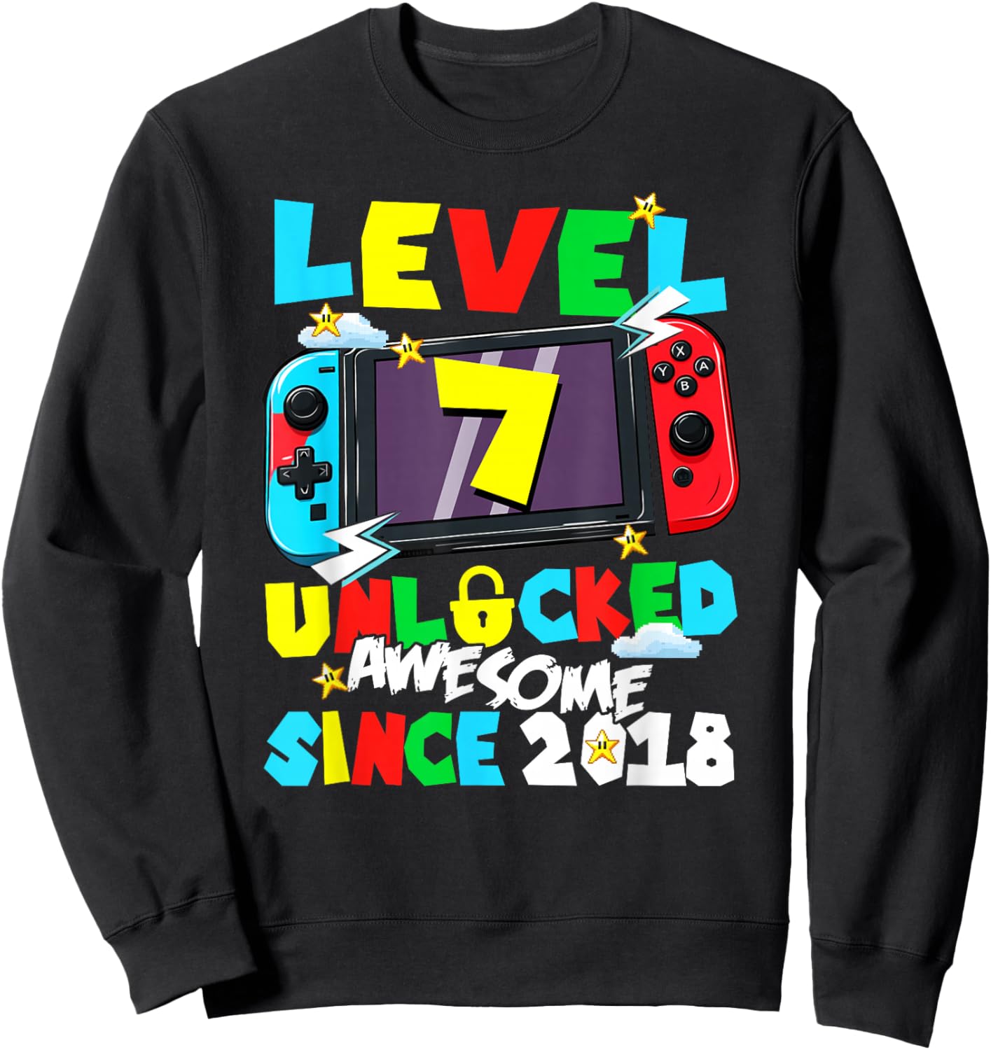 Level 7 Unlocked Awesome Since 2018 7th Birthday Video Gamer Sweatshirt - Sweatshirt | Black