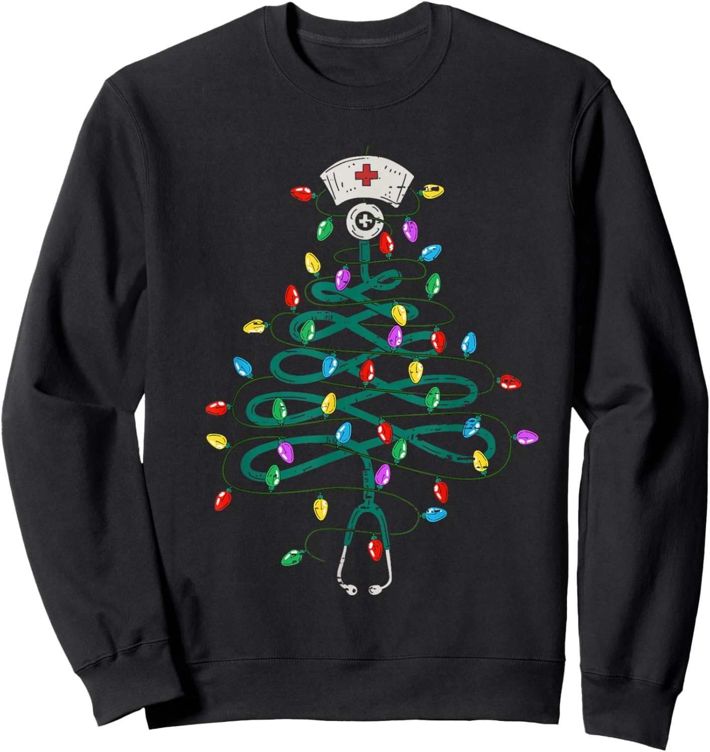 Stethoscope Christmas Tree Lights Nurse Christmas Scrub Top Sweatshirt - Sweatshirt | Black