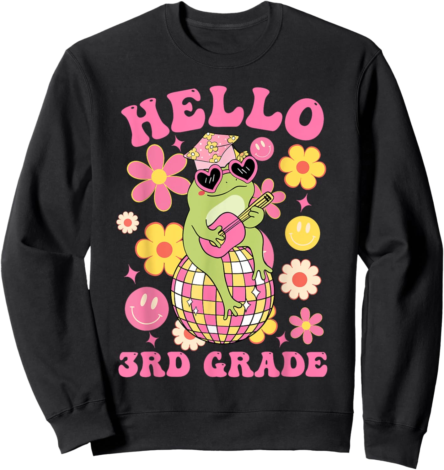 Hello Third 3rd Grade-Back To School Groovy Frog Funny Kids Sweatshirt - Sweatshirt | Black
