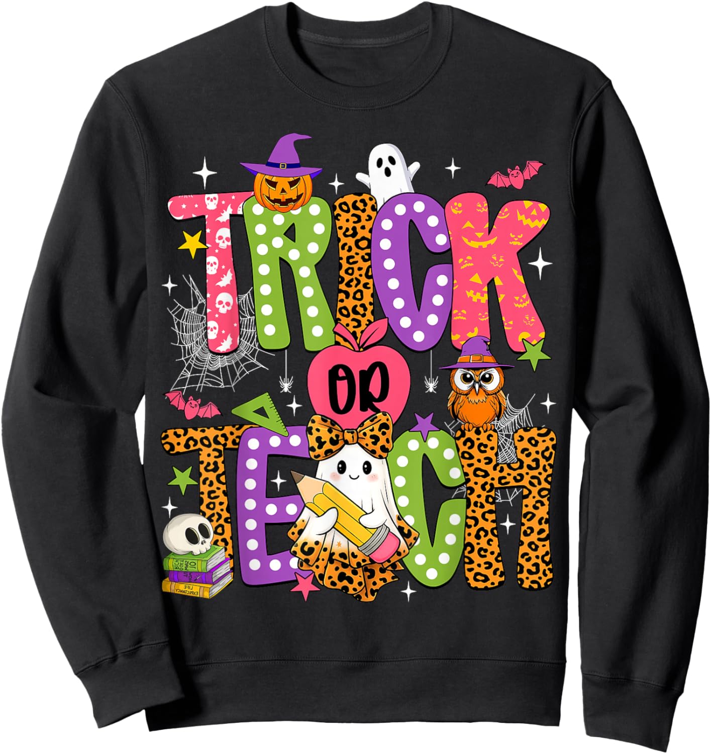 Retro Trick Or Teach Leopard Ghost Halloween Spooky Teacher Sweatshirt - Sweatshirt | Black