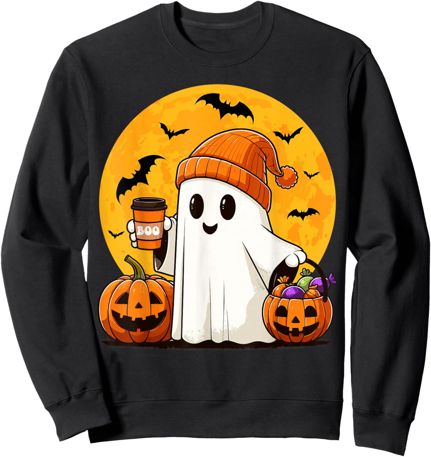 Cute Ghost Drinking Coffee Pumpkin Boo Funny Halloween Ghost Sweatshirt - Sweatshirt | Black