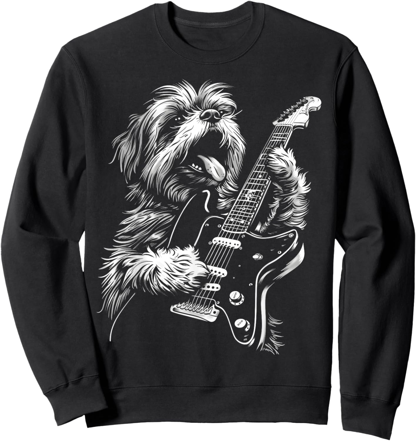 Funny Shih Tzu Dog Playing Electric Guitar Rock Dog Dad Men Women Kids Sweatshirt - Sweatshirt | Black