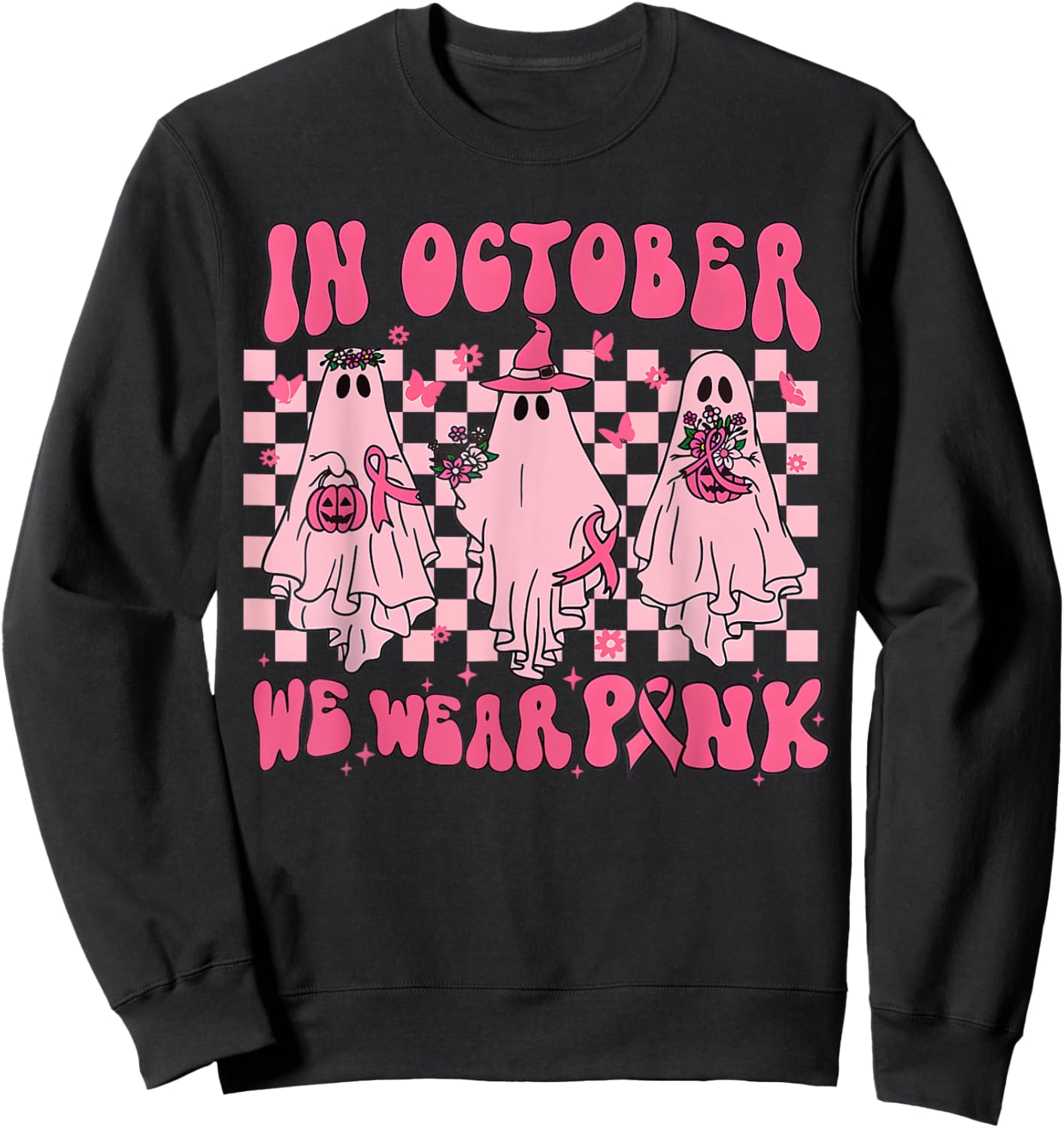 In October We Wear Pink Ghost Groovy Breast Cancer Halloween Sweatshirt - Sweatshirt | Black