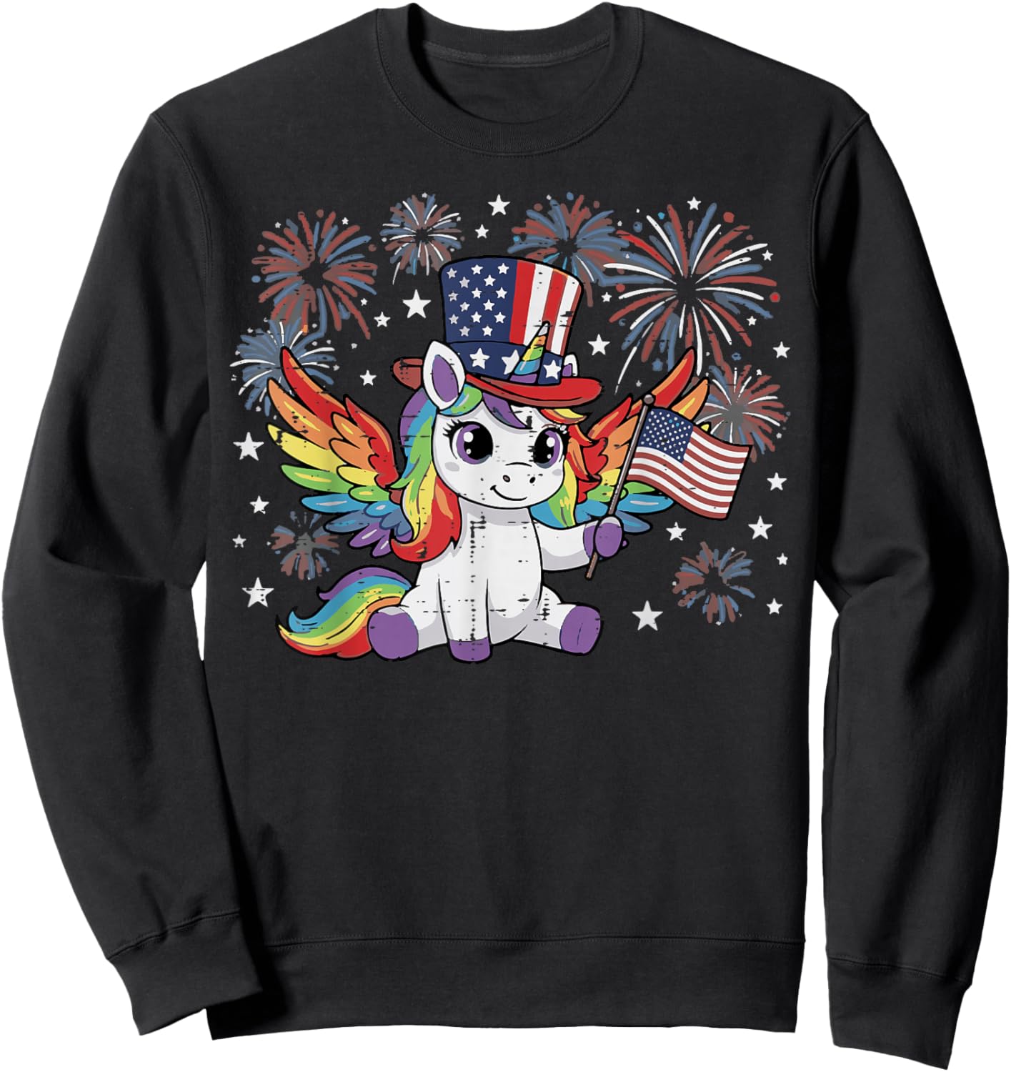 4th of July Unicorn US Flag Cute Patriotic Toddler Girl Kids Sweatshirt - Sweatshirt | Black
