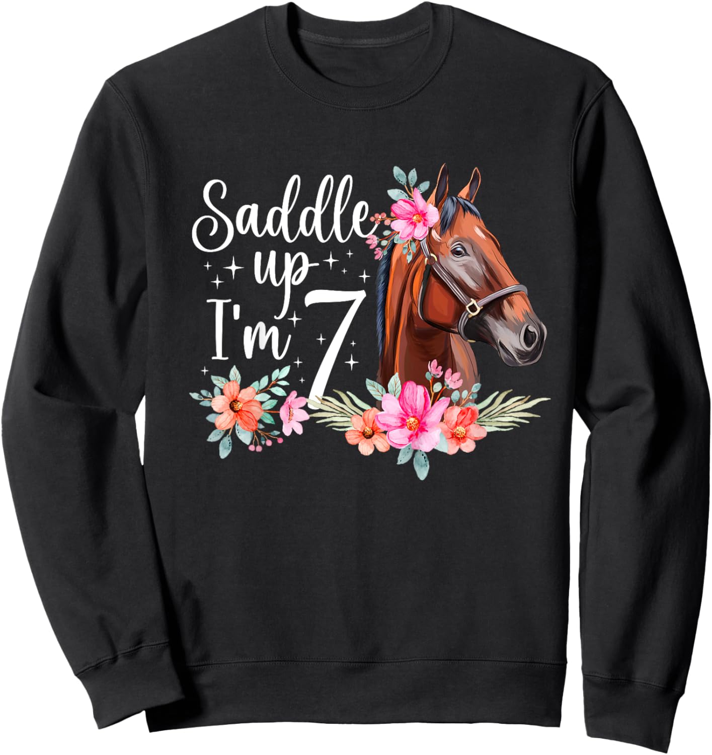 Kids 7th Horse Birthday Seven Year Old Girl Horses Birthday Sweatshirt - Sweatshirt | Black