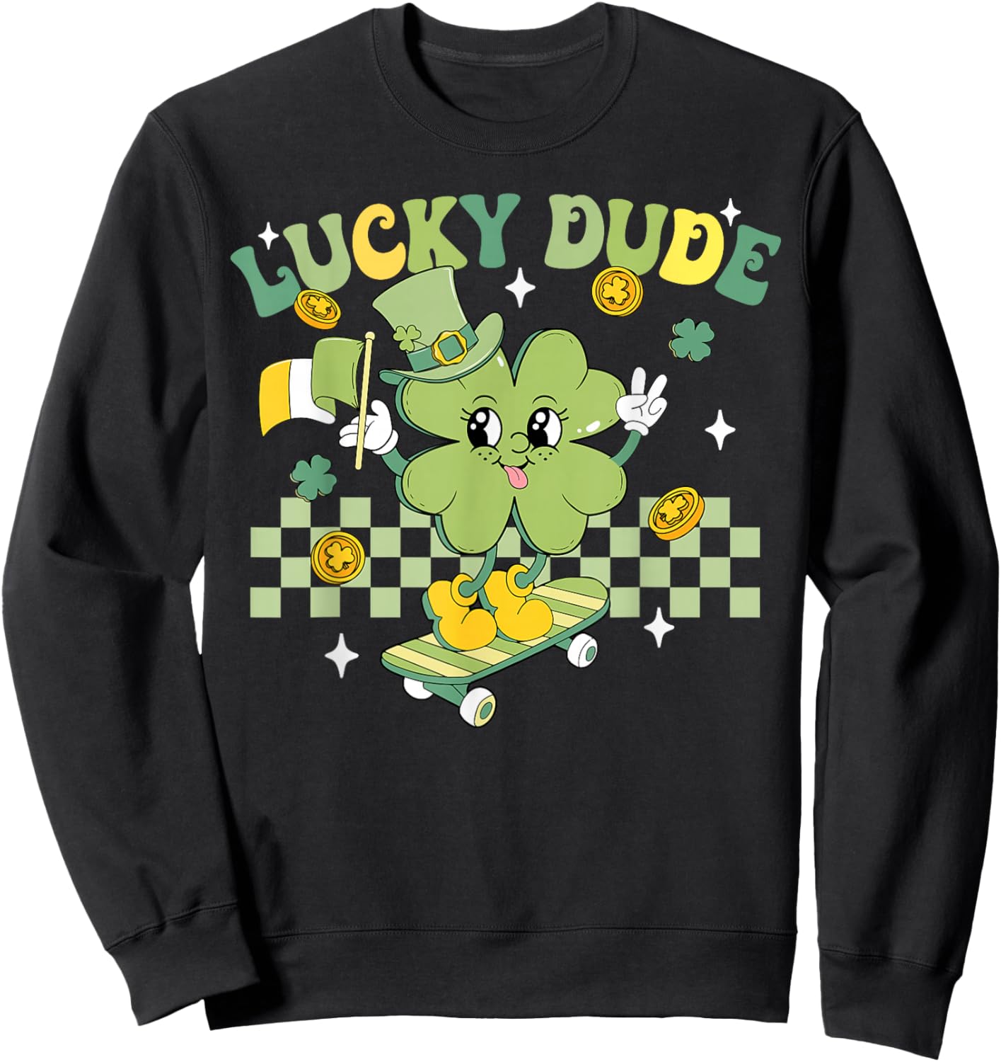 Lucky Dude Funny St Patrick's Day Kid Skateboarding Shamrock Sweatshirt - Sweatshirt | Black