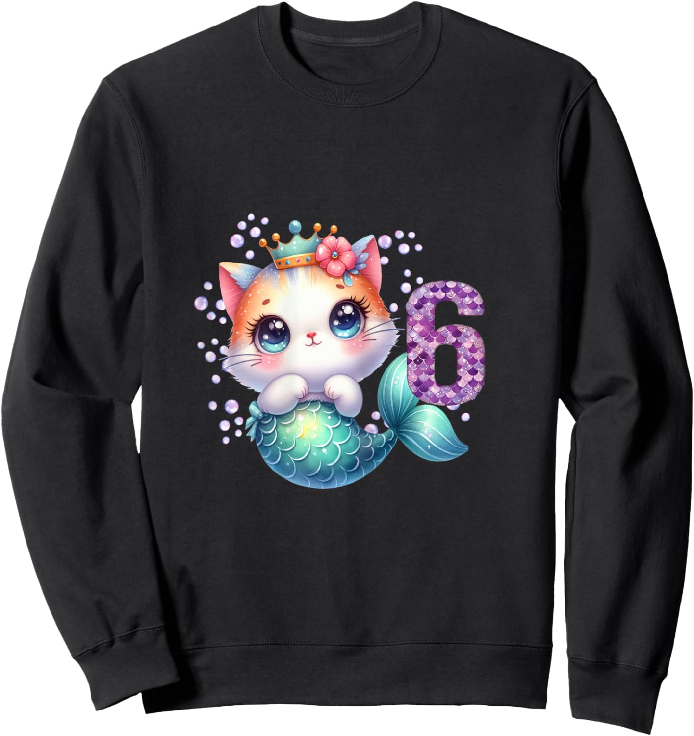 Cat Mermaid 6th Birthday 6 Year Old Party Girls Outfit Sweatshirt - Sweatshirt | Black