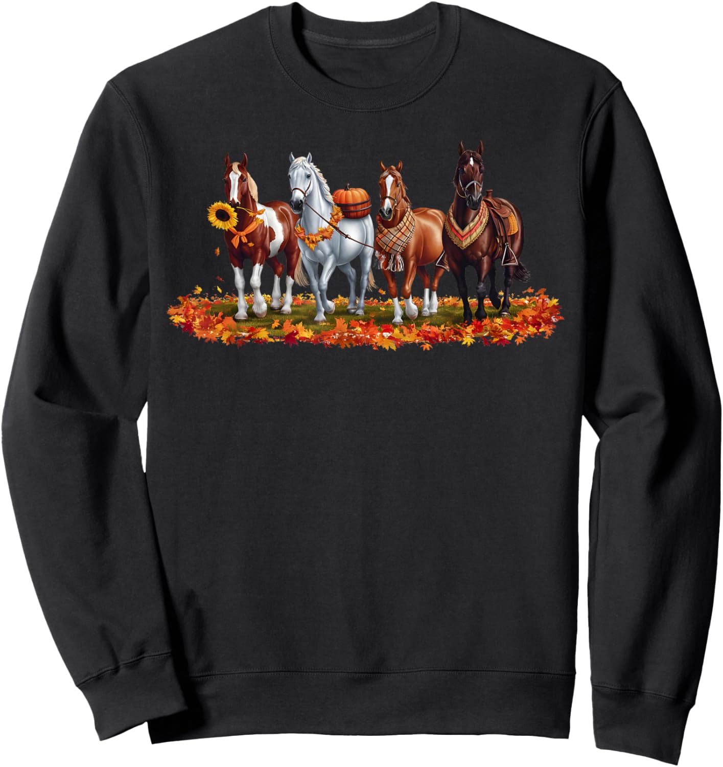 Fall Horse Animal Thanksgiving Sunflowers Pumpkin Leaves Sweatshirt - Sweatshirt | Black