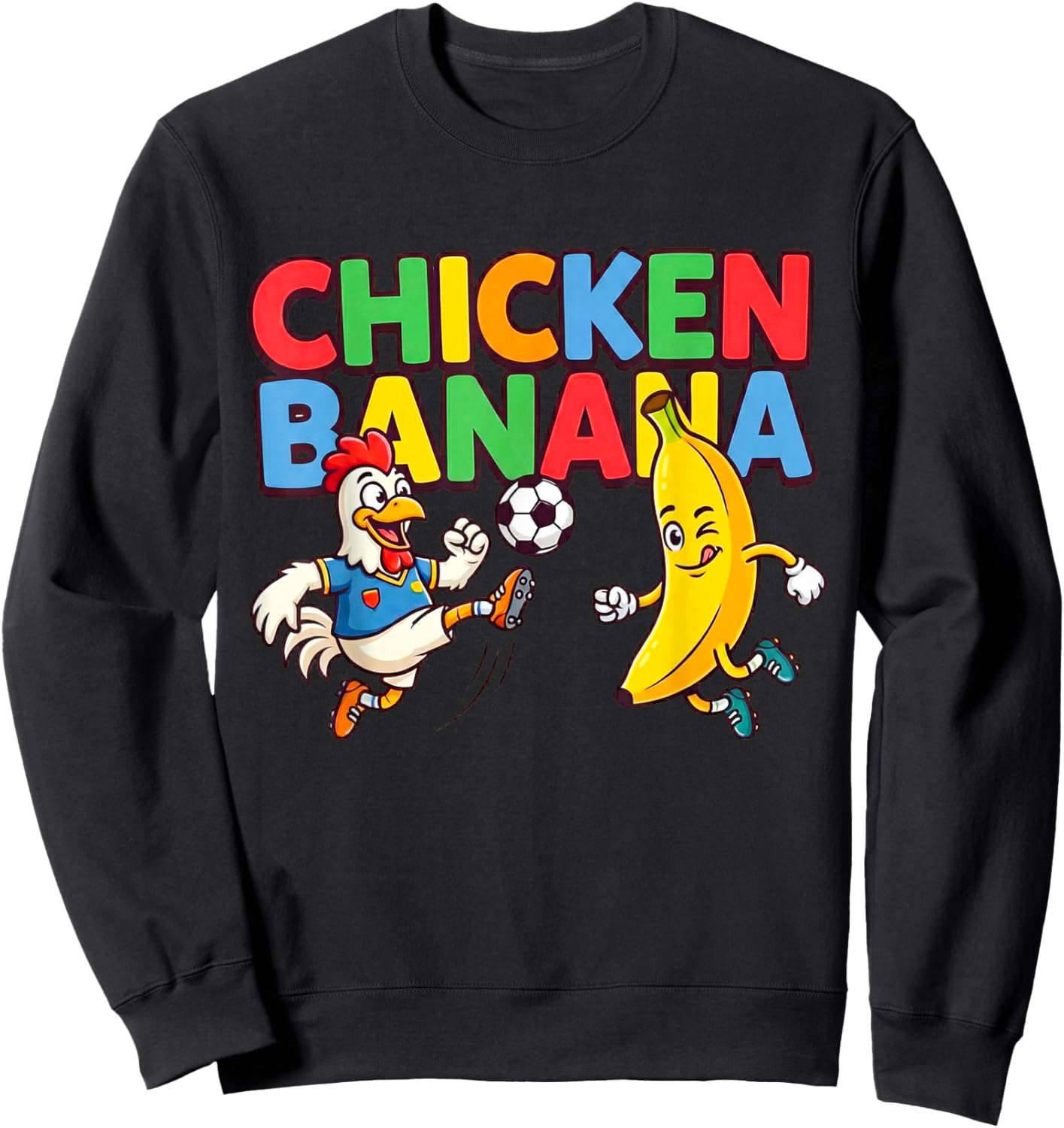 Funny Cartoon Chicken Banana Football Graphic Sweatshirt - Sweatshirt | Black