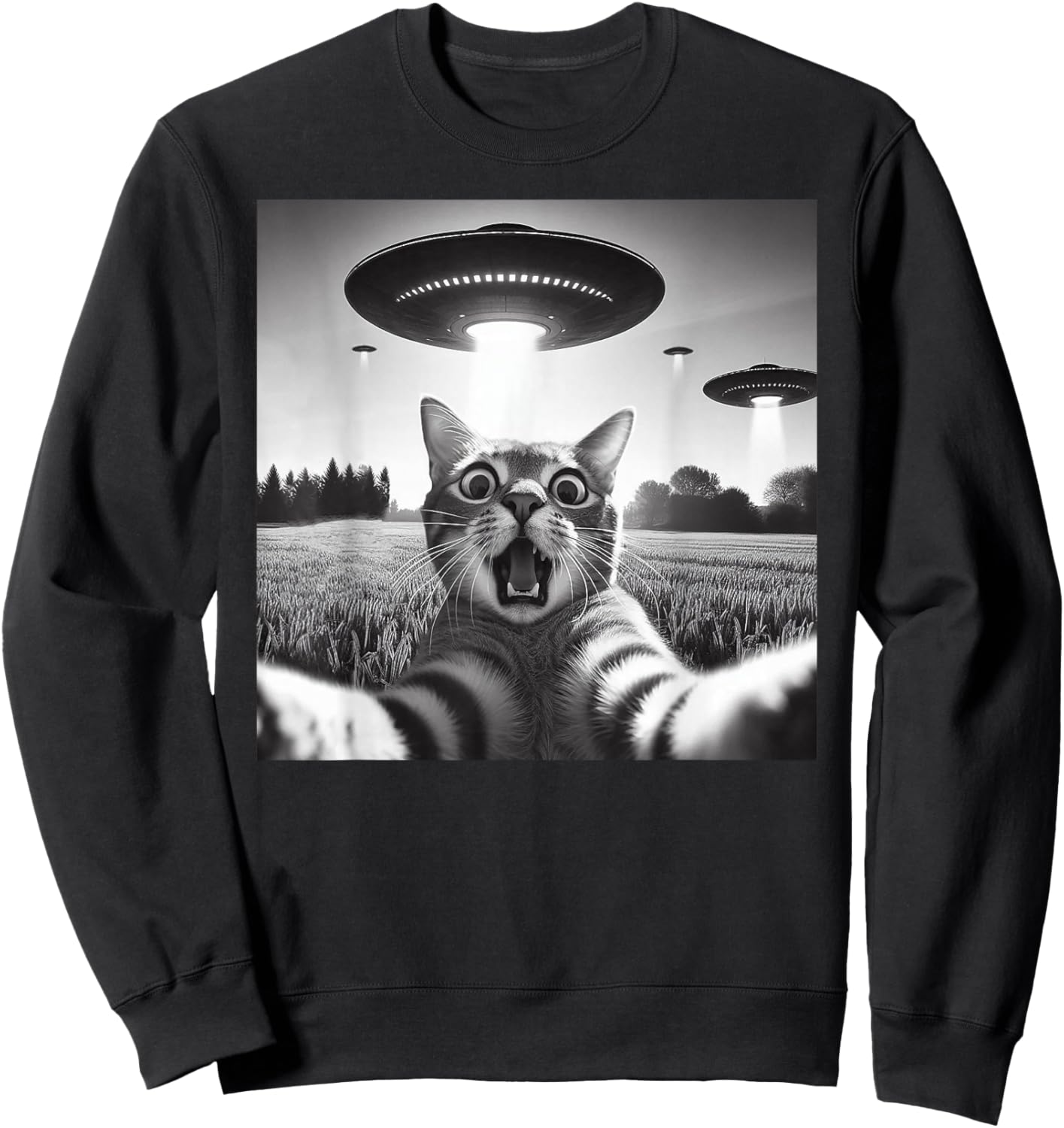 Cat Selfie With UFO Hilarious Alien Encounter Sweatshirt - Sweatshirt | Black