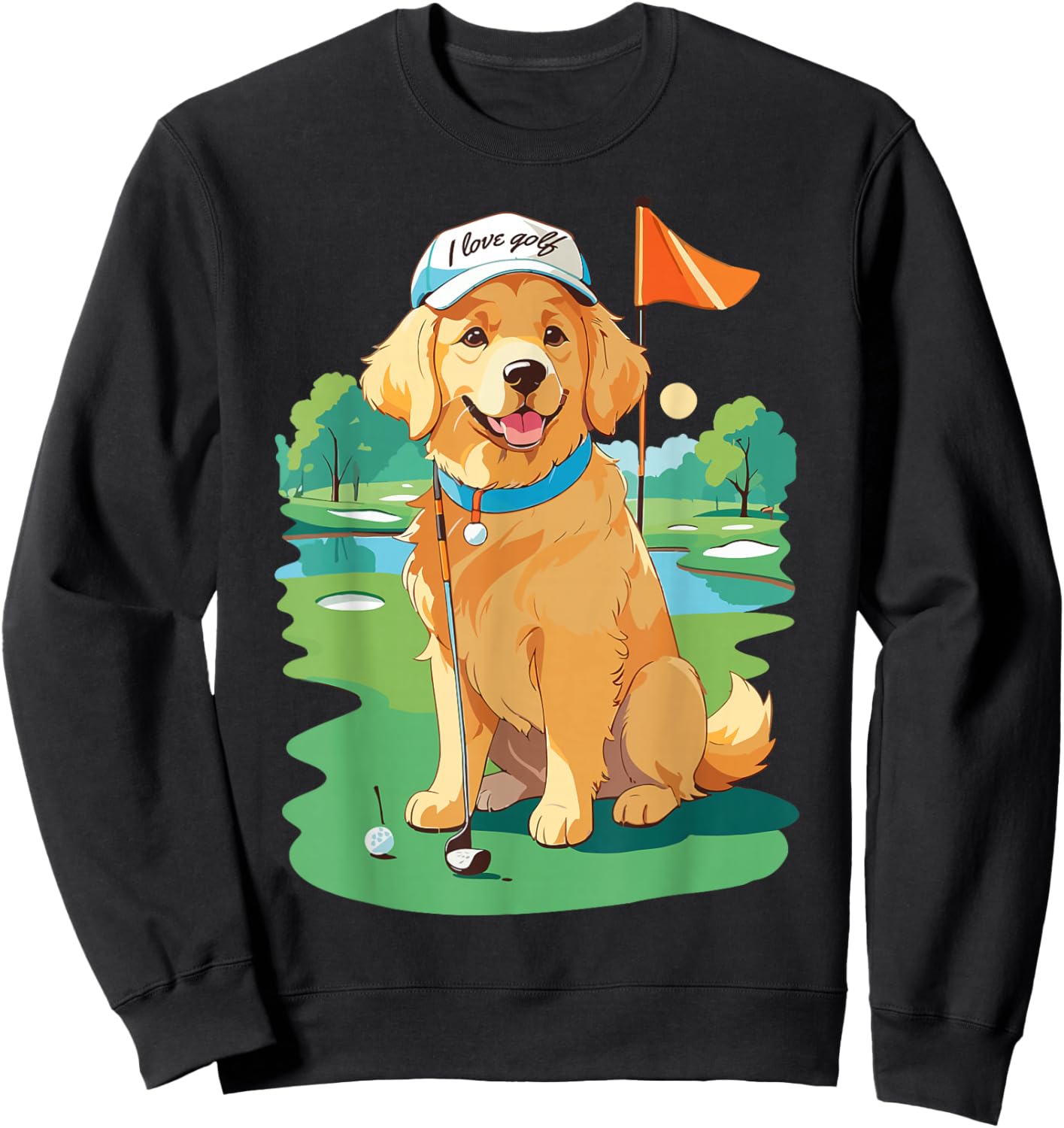 I Love Golf Golf Dog Illustration Golden Retriever Sweatshirt - Sweatshirt | Black