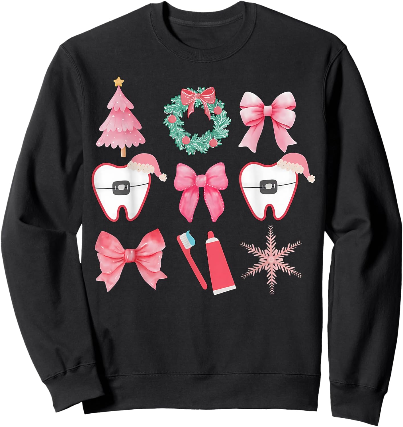 Christmas Coquette Bow Orthodontic Dental Dental Crew Sweatshirt - Sweatshirt | Black